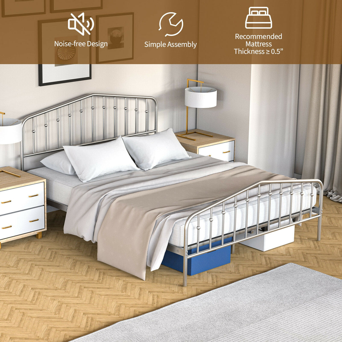 Queen Size Metal Bed Frame Platform Headboard and Footboard with Storage-Silver-Simple Bed Frame-DECOROLALA