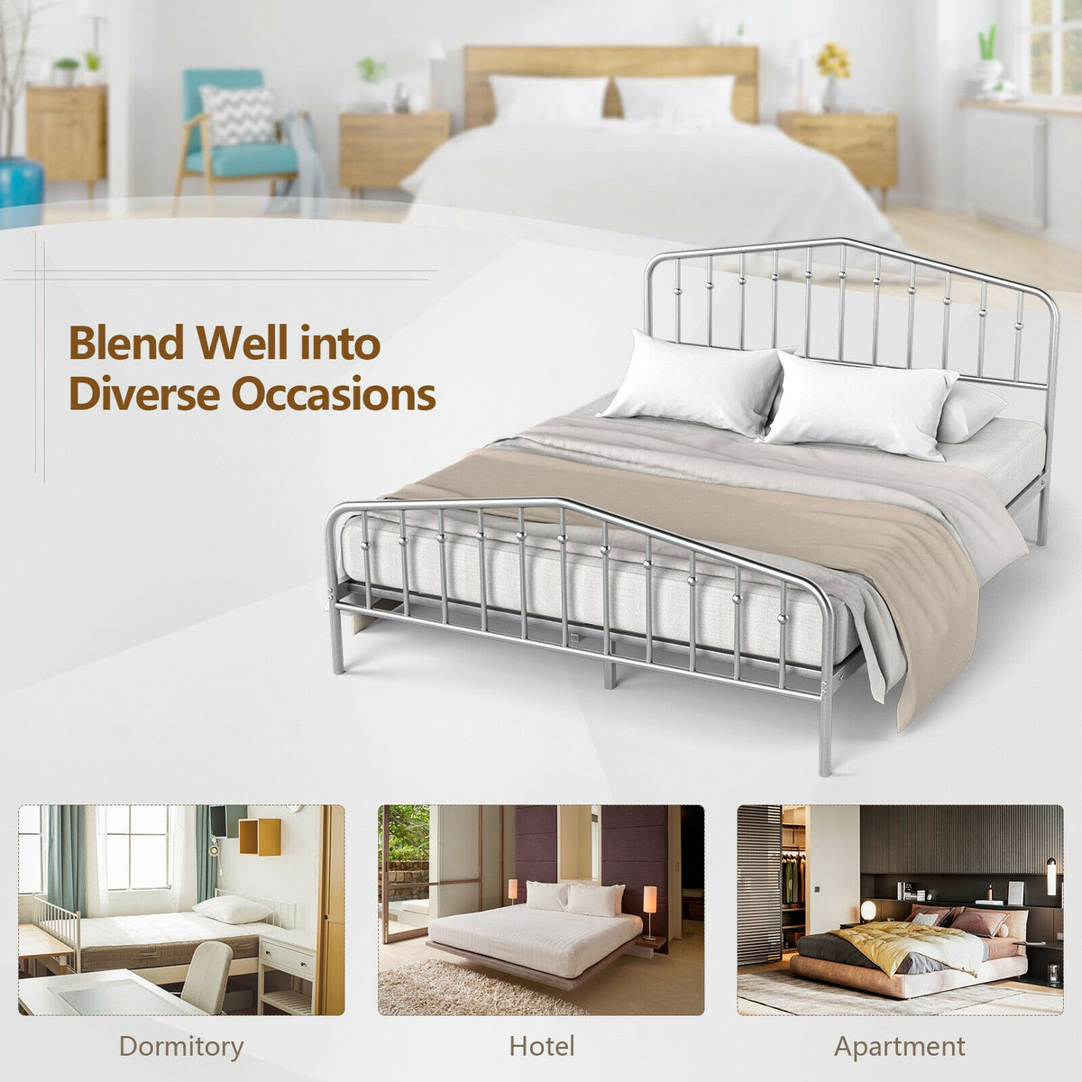 Queen Size Metal Bed Frame Platform Headboard and Footboard with Storage-Silver-Simple Bed Frame-DECOROLALA