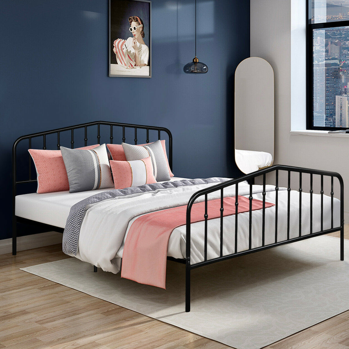 Queen Size Metal Bed Frame Steel Slat Platform-Simple Bed Frame-DECOROLALA