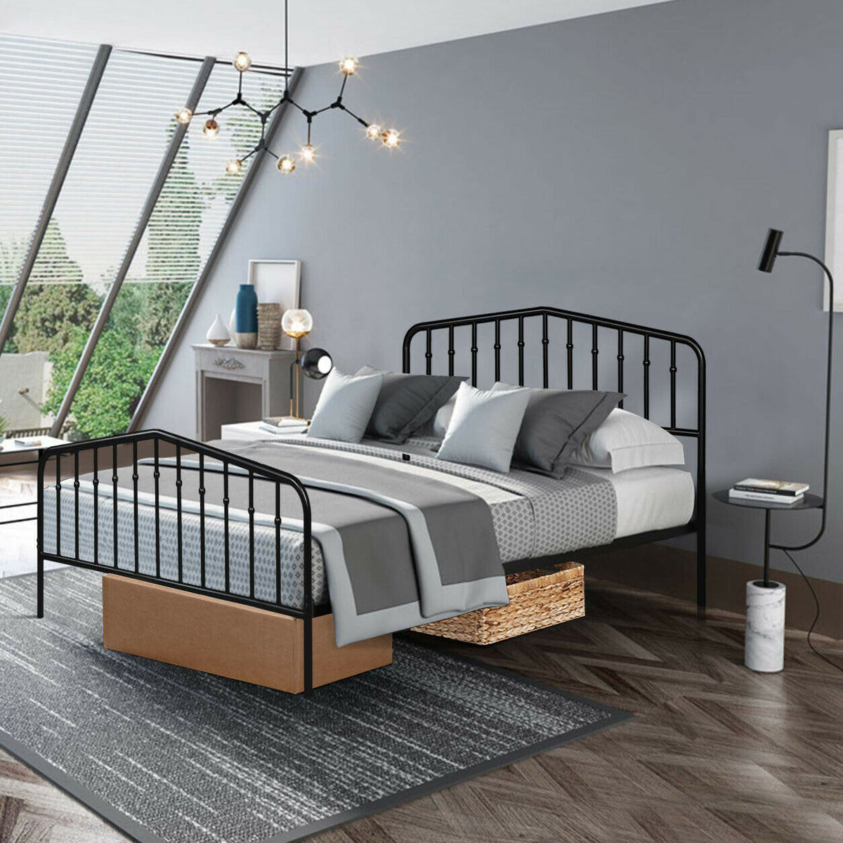 Queen Size Metal Bed Frame Steel Slat Platform-Simple Bed Frame-DECOROLALA