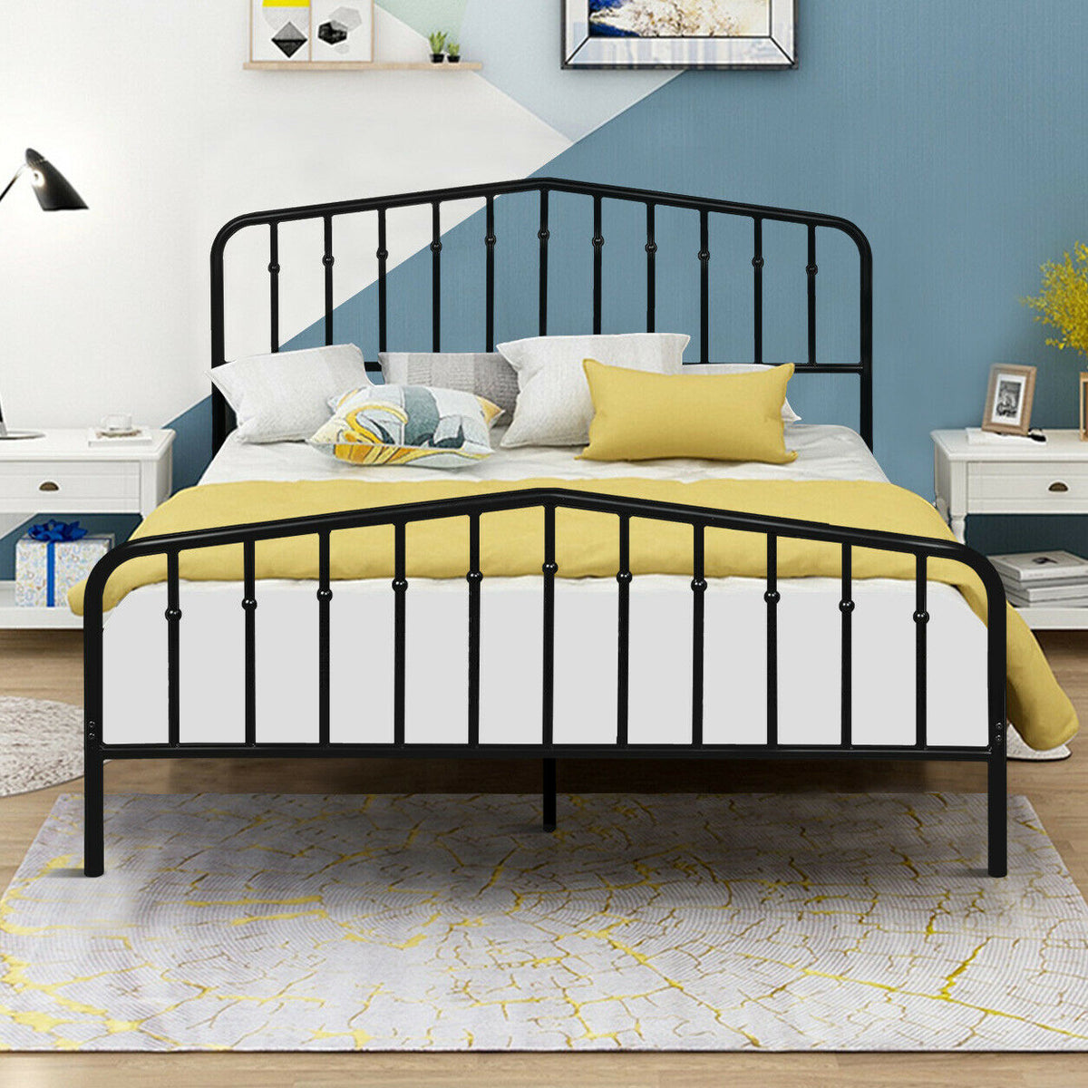 Queen Size Metal Bed Frame Steel Slat Platform-Simple Bed Frame-DECOROLALA