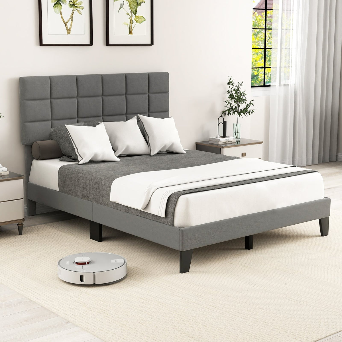 Queen Size Modern Linen Bed Frame with Adjustable Headboard-Gray-Simple Bed Frame-DECOROLALA