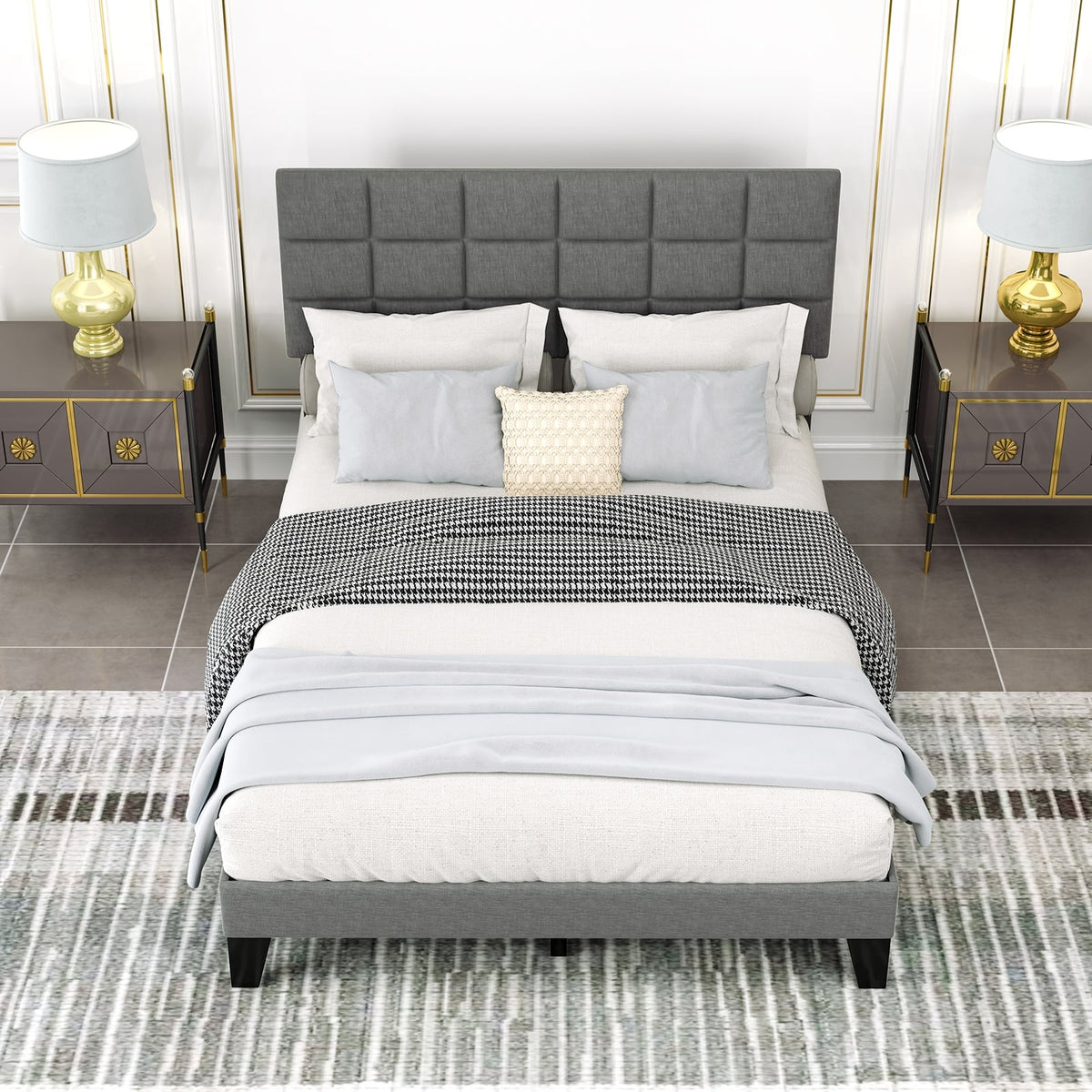 Queen Size Modern Linen Bed Frame with Adjustable Headboard-Gray-Simple Bed Frame-DECOROLALA
