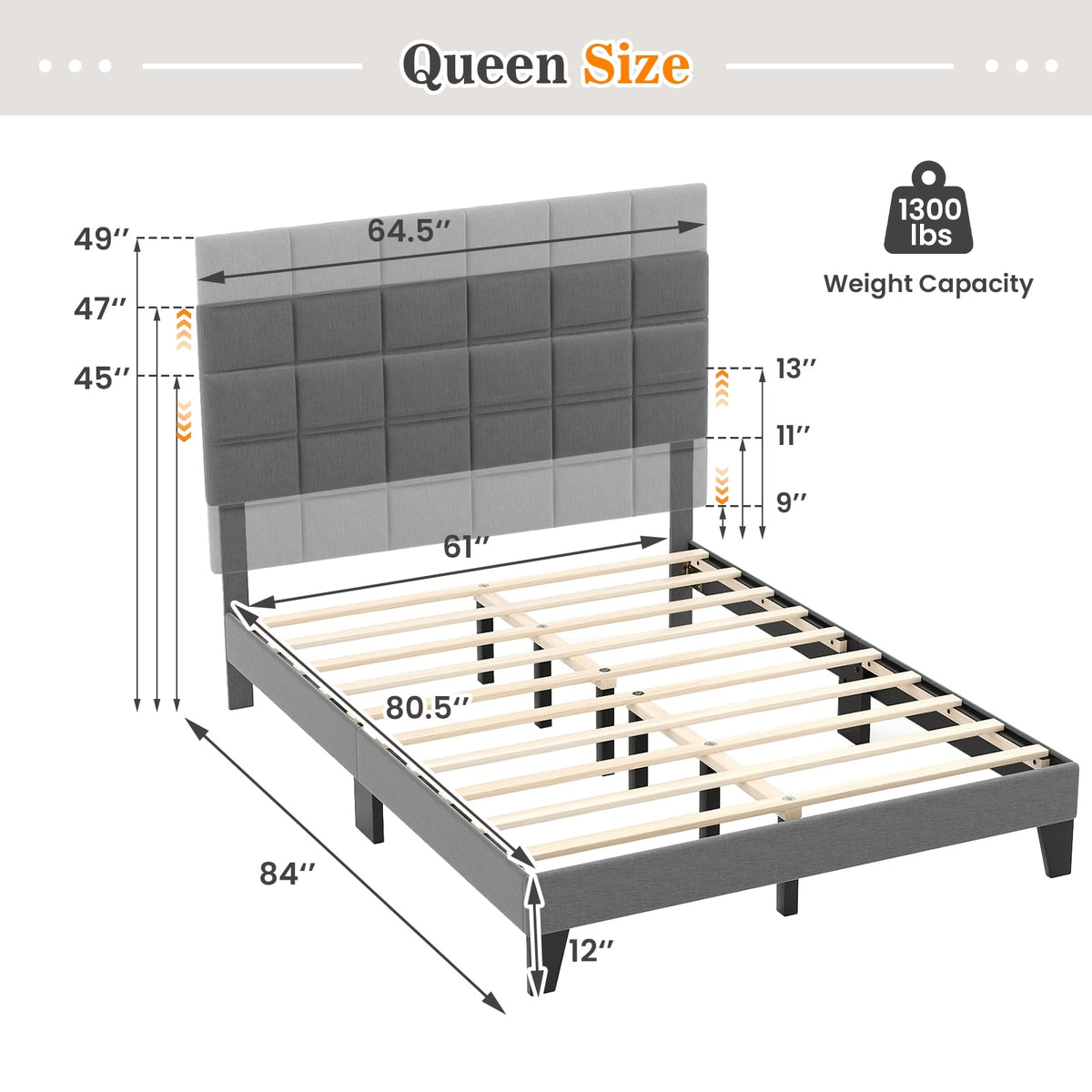 Queen Size Modern Linen Bed Frame with Adjustable Headboard-Gray-Simple Bed Frame-DECOROLALA