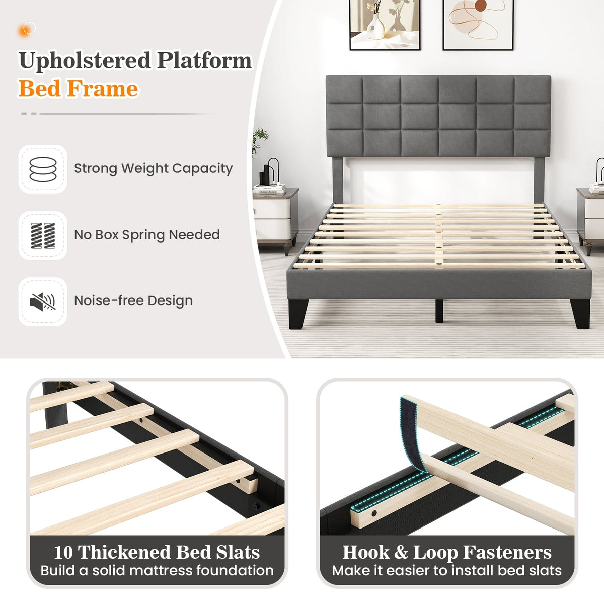 Queen Size Modern Linen Bed Frame with Adjustable Headboard-Gray-Simple Bed Frame-DECOROLALA