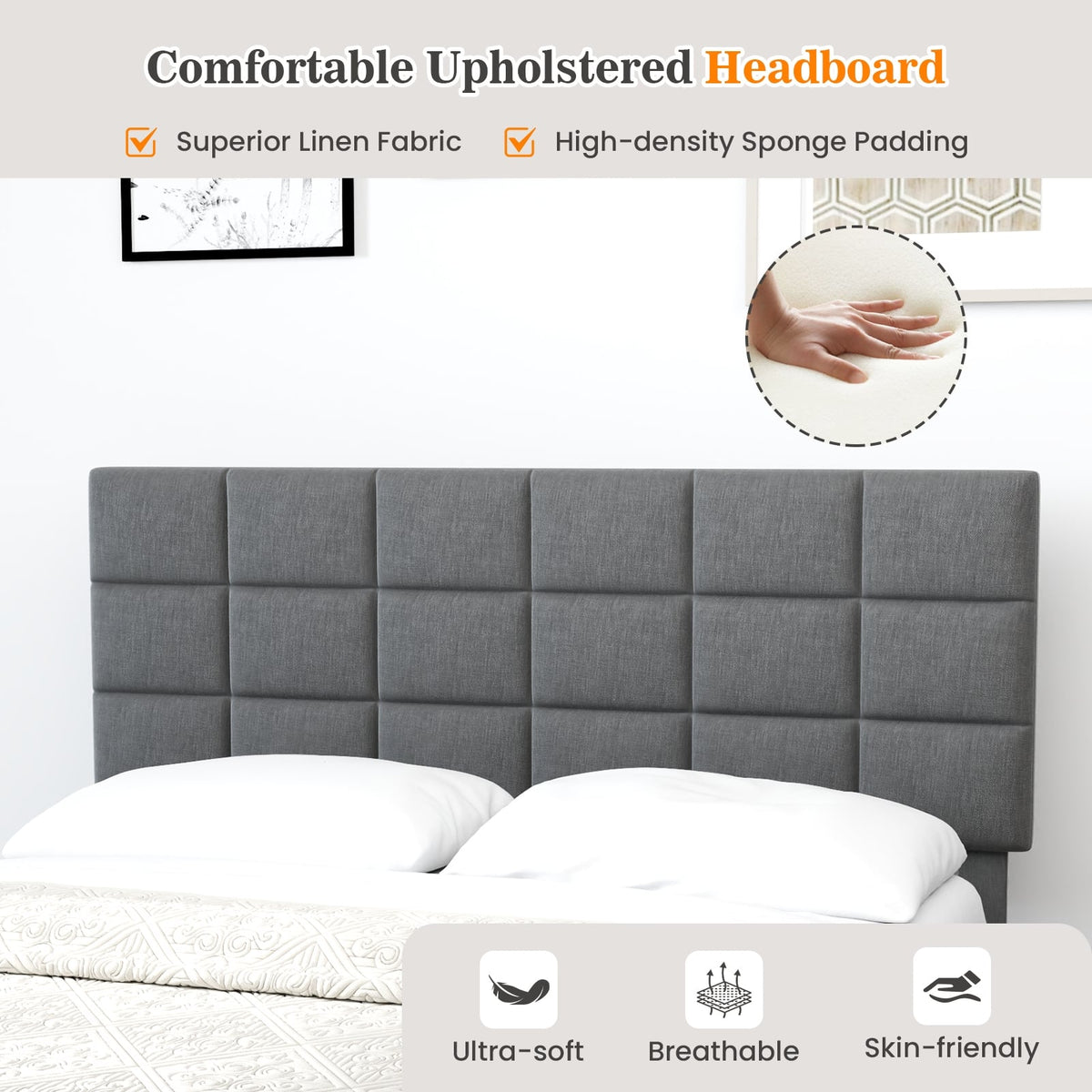 Queen Size Modern Linen Bed Frame with Adjustable Headboard-Gray-Simple Bed Frame-DECOROLALA