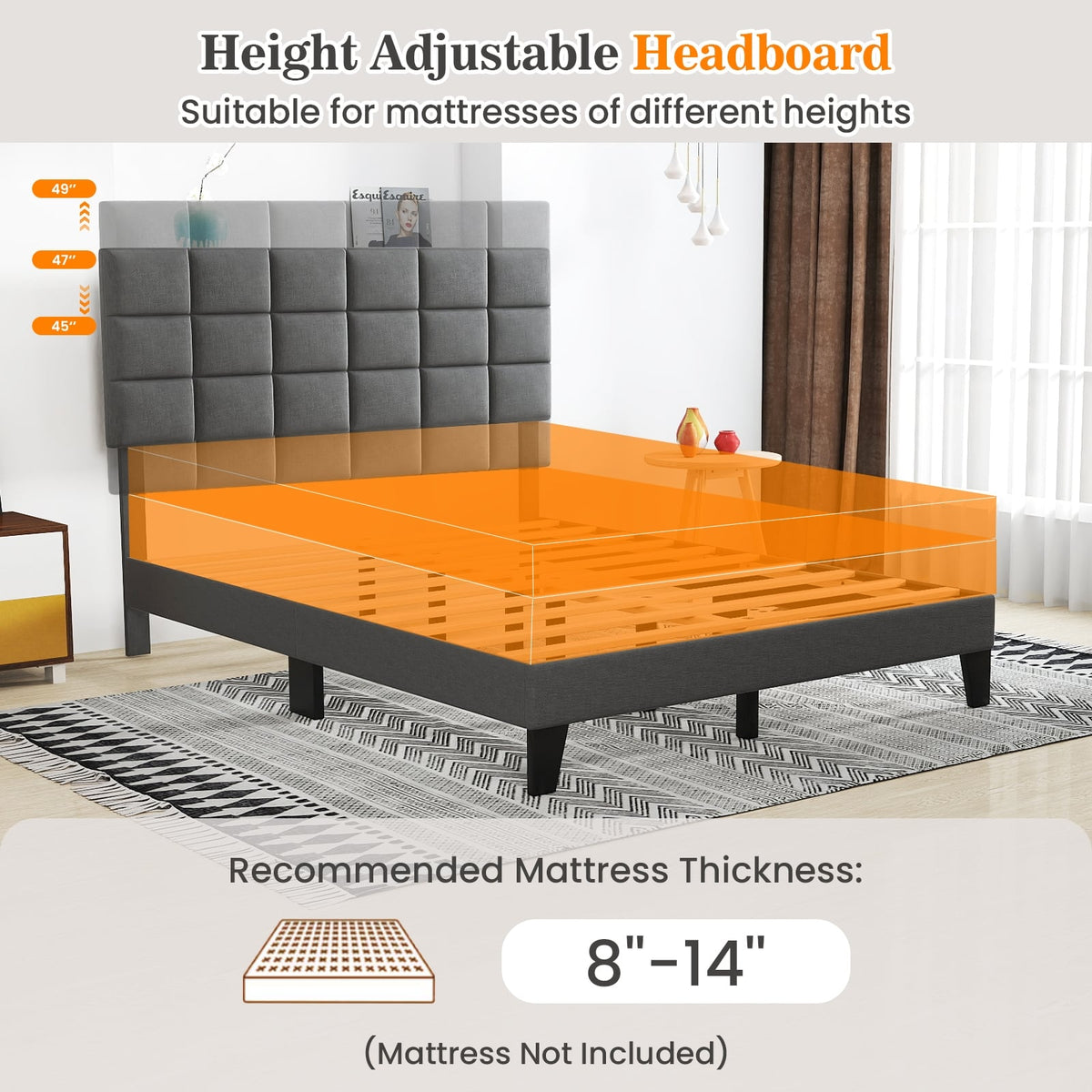 Queen Size Modern Linen Bed Frame with Adjustable Headboard-Gray-Simple Bed Frame-DECOROLALA