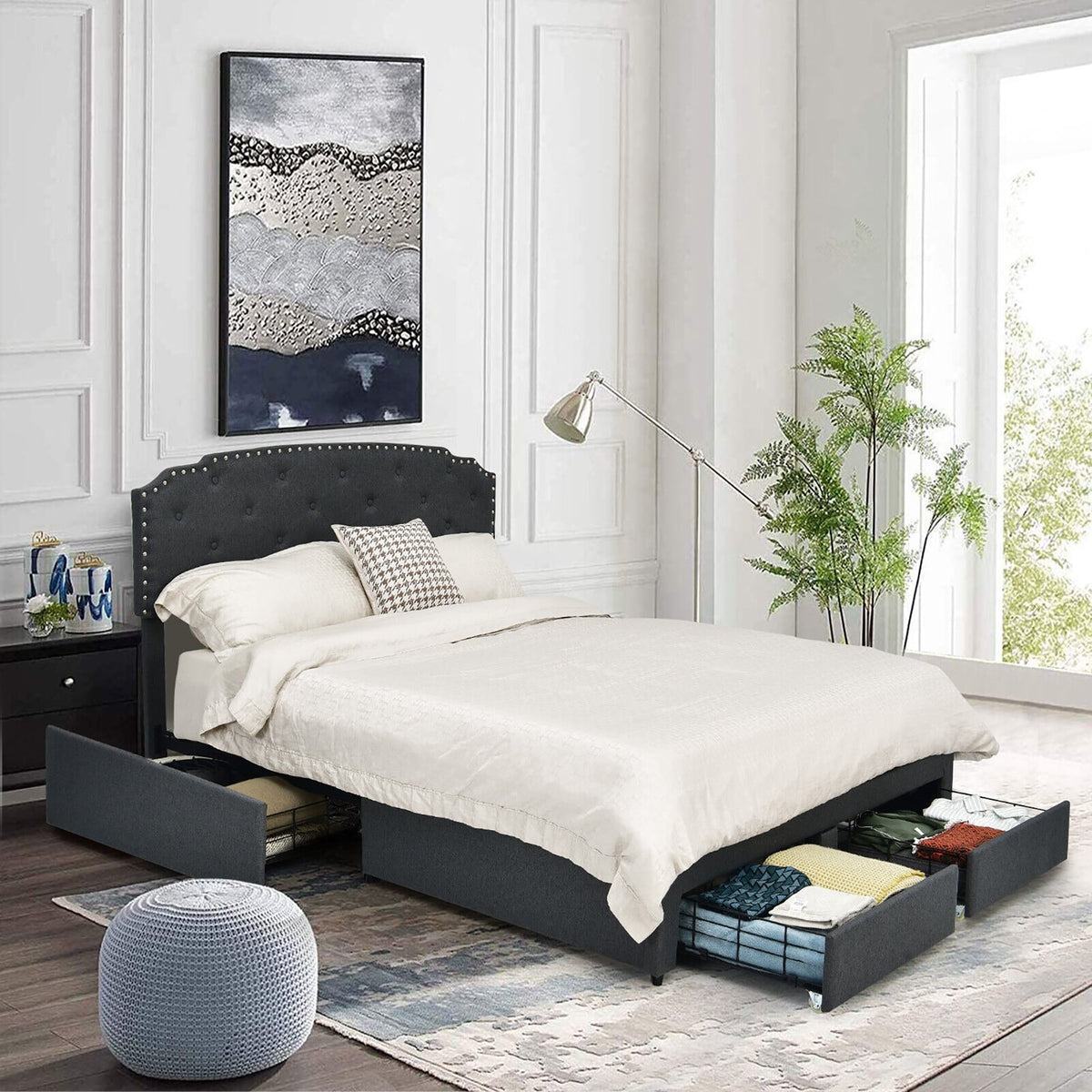 Queen Size Platform Bed Frame with Adjustable Headboard and 4 Storage Drawers-Simple Bed Frame-DECOROLALA