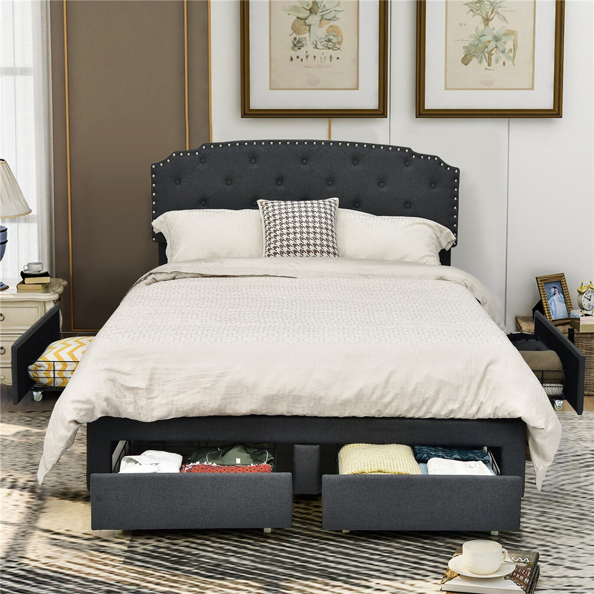 Queen Size Platform Bed Frame with Adjustable Headboard and 4 Storage Drawers-Simple Bed Frame-DECOROLALA