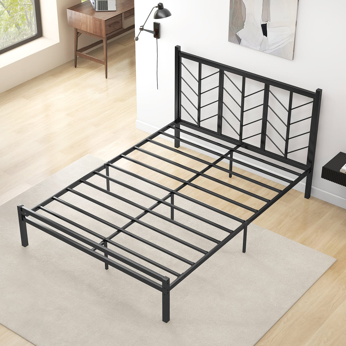 Queen Size Platform Bed with Headboard and Metal Frame-Queen Size-Simple Bed Frame-DECOROLALA