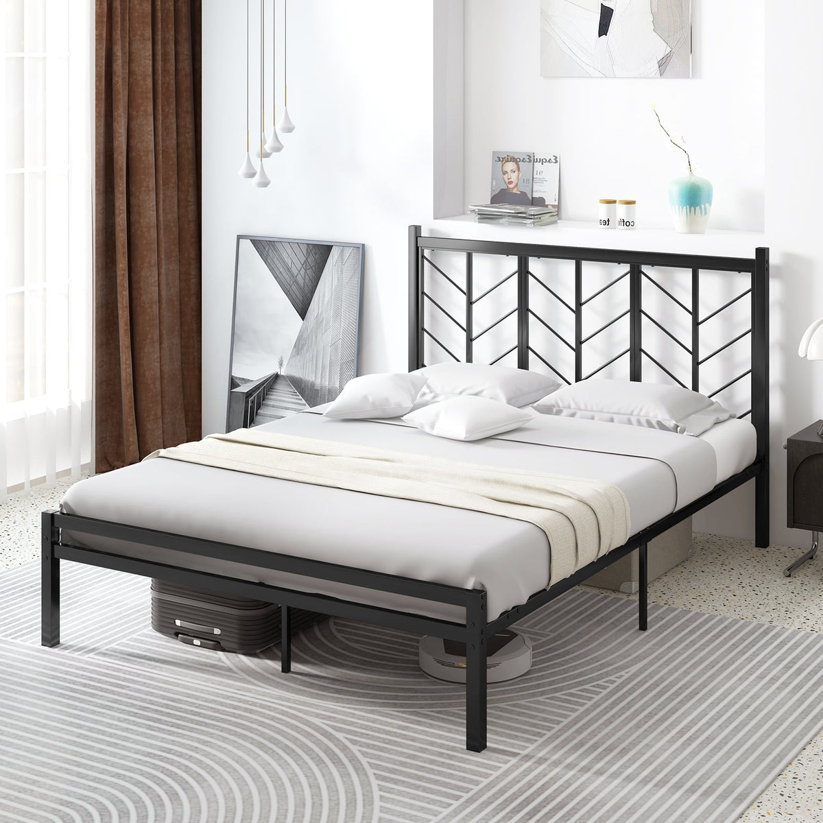 Queen Size Platform Bed with Headboard and Metal Frame-Queen Size-Simple Bed Frame-DECOROLALA