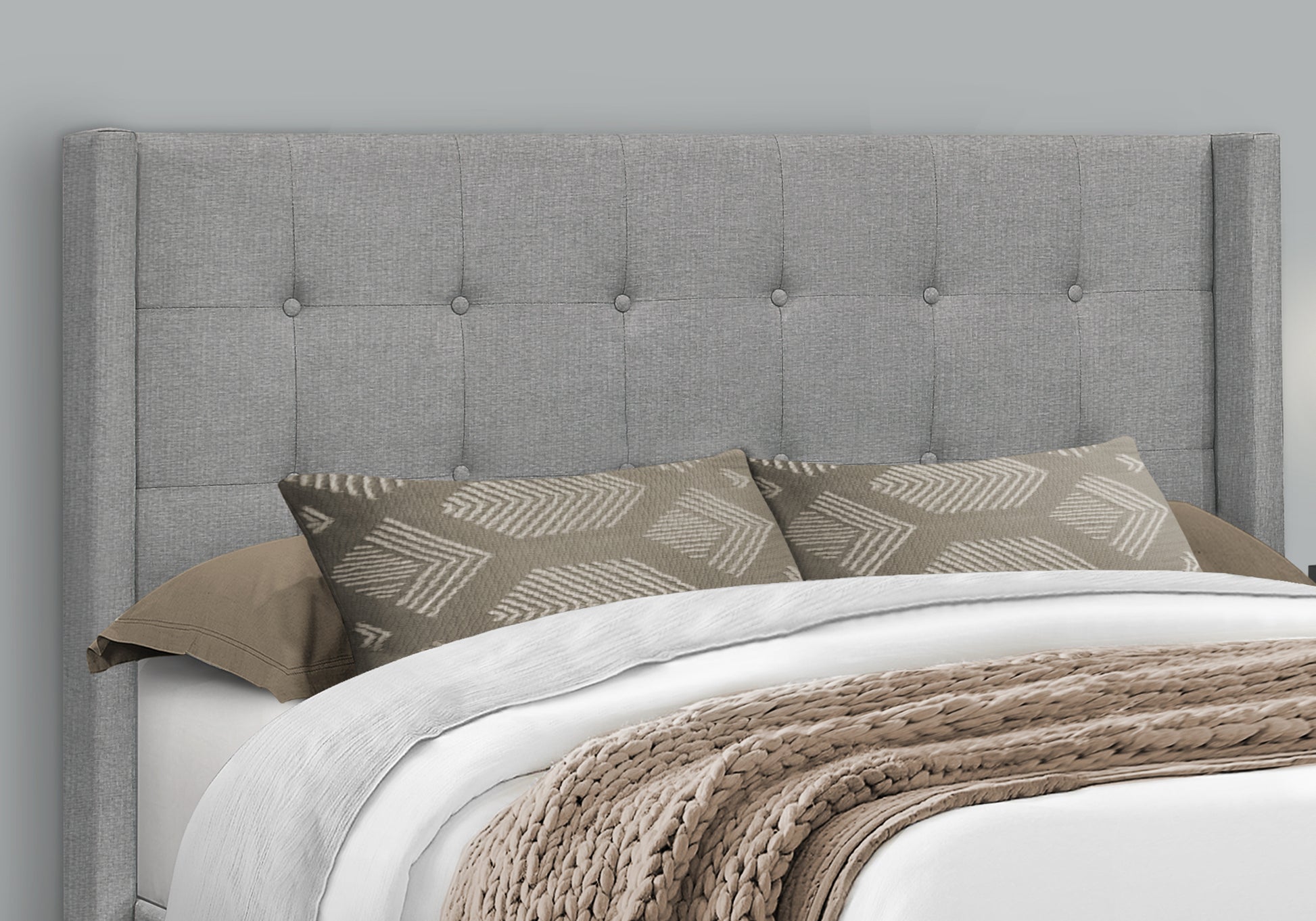 Queen Size Upholstered Bed Frame - Grey Linen Wingback-Bed-DECOROLALA