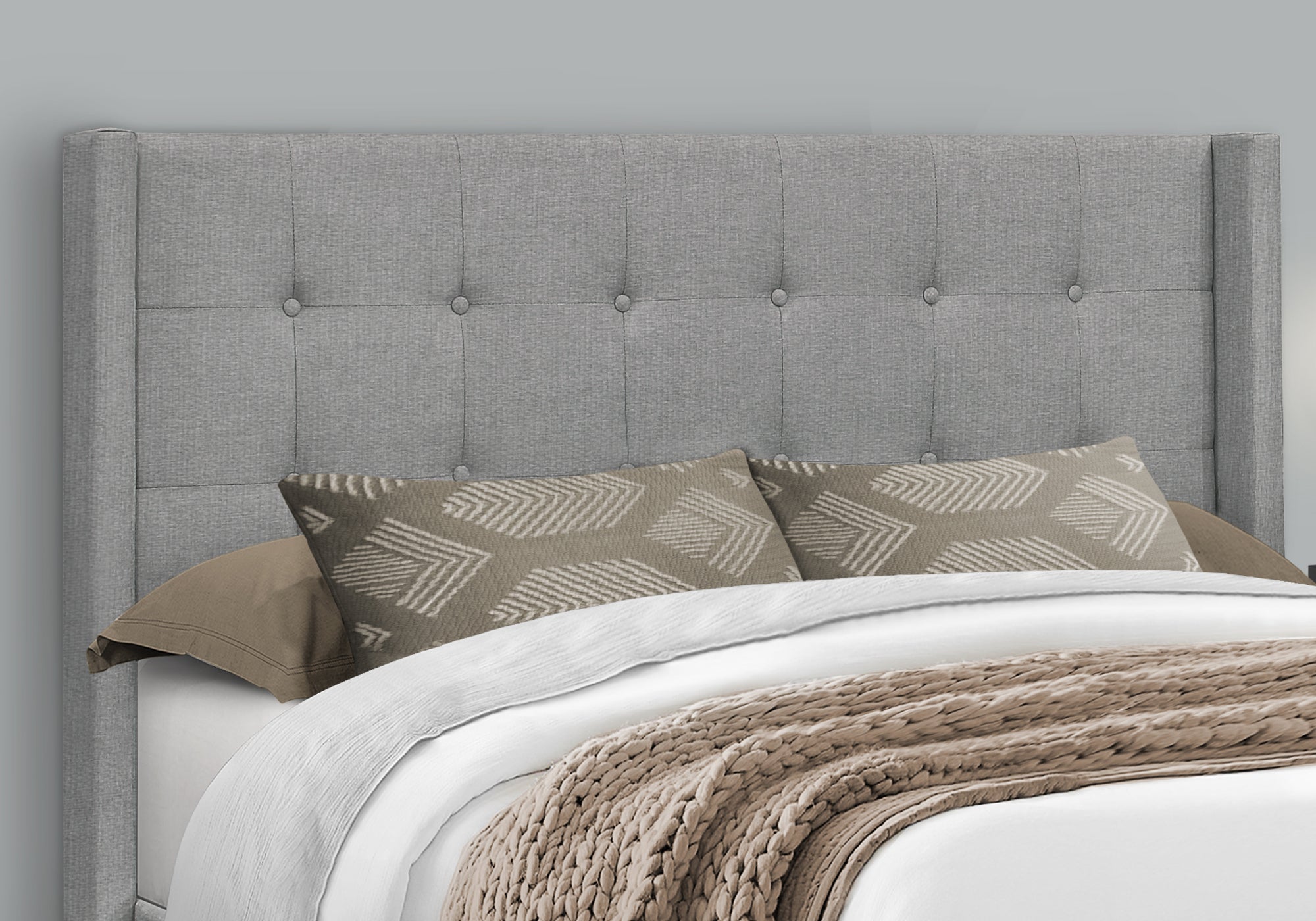 Queen Size Upholstered Bed Frame - Grey Linen Wingback-Bed-DECOROLALA