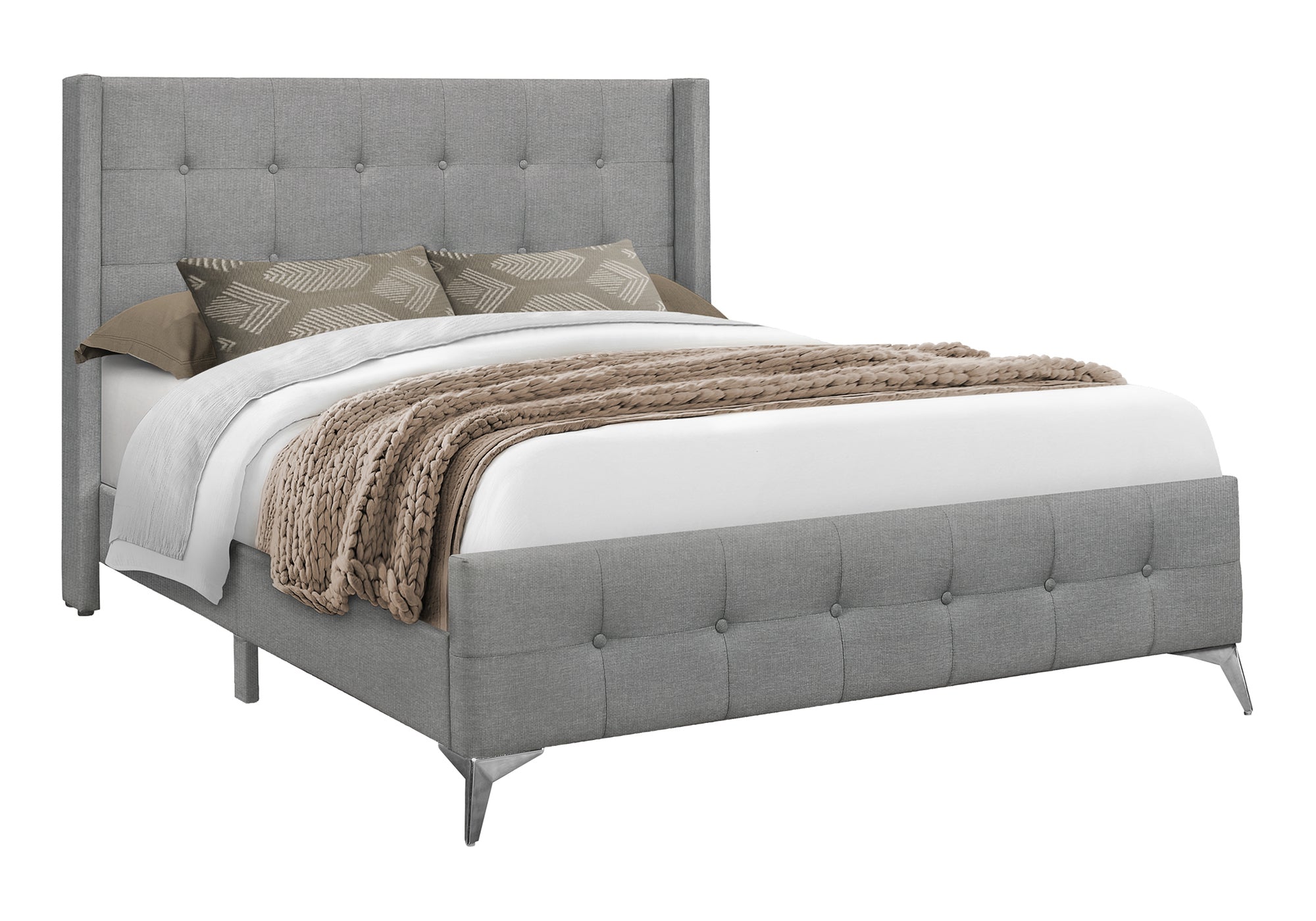 Queen Size Upholstered Bed Frame - Grey Linen Wingback-Bed-DECOROLALA