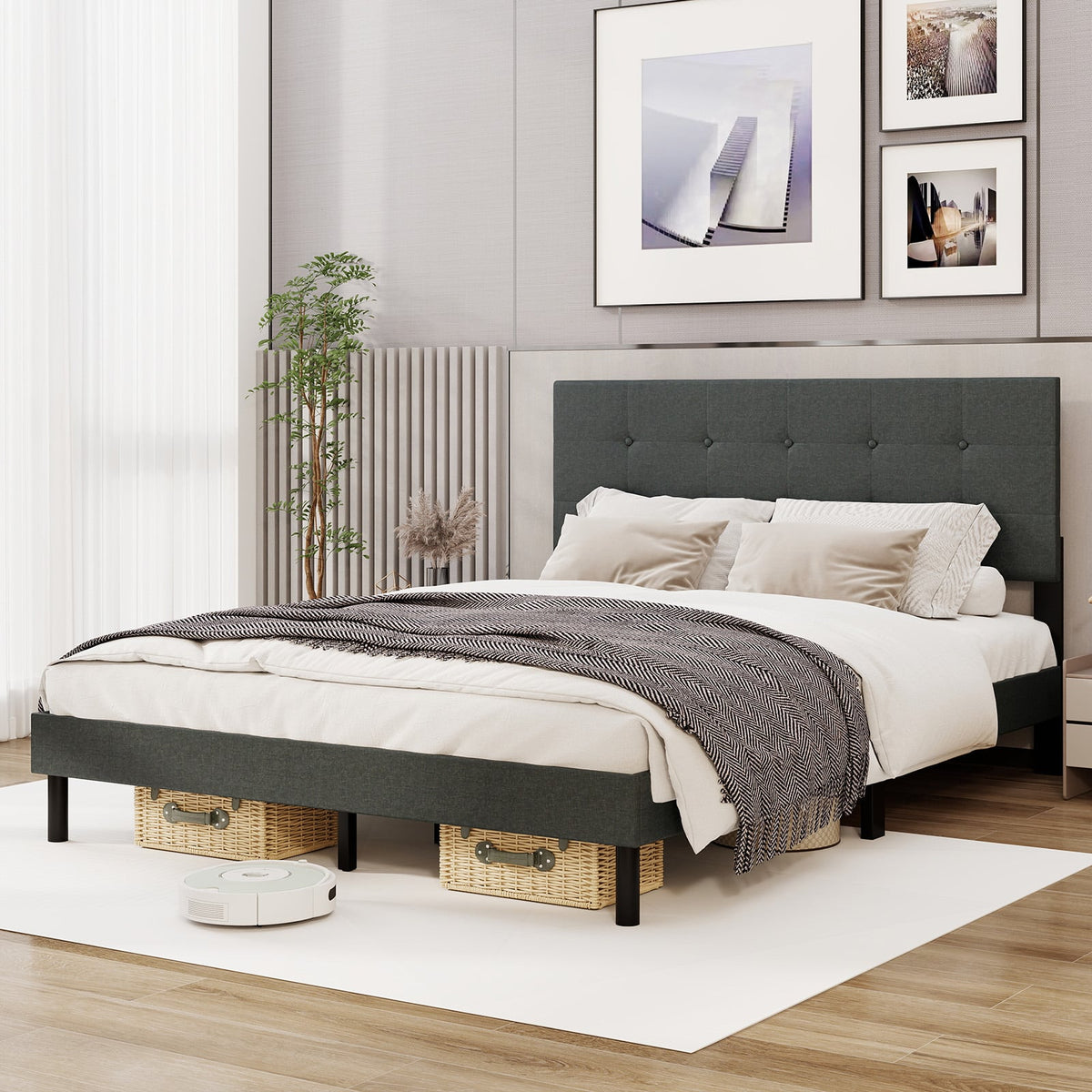 Queen Size Upholstered Bed Frame Linen Platform Bed-Dark Gray-Simple Bed Frame-DECOROLALA