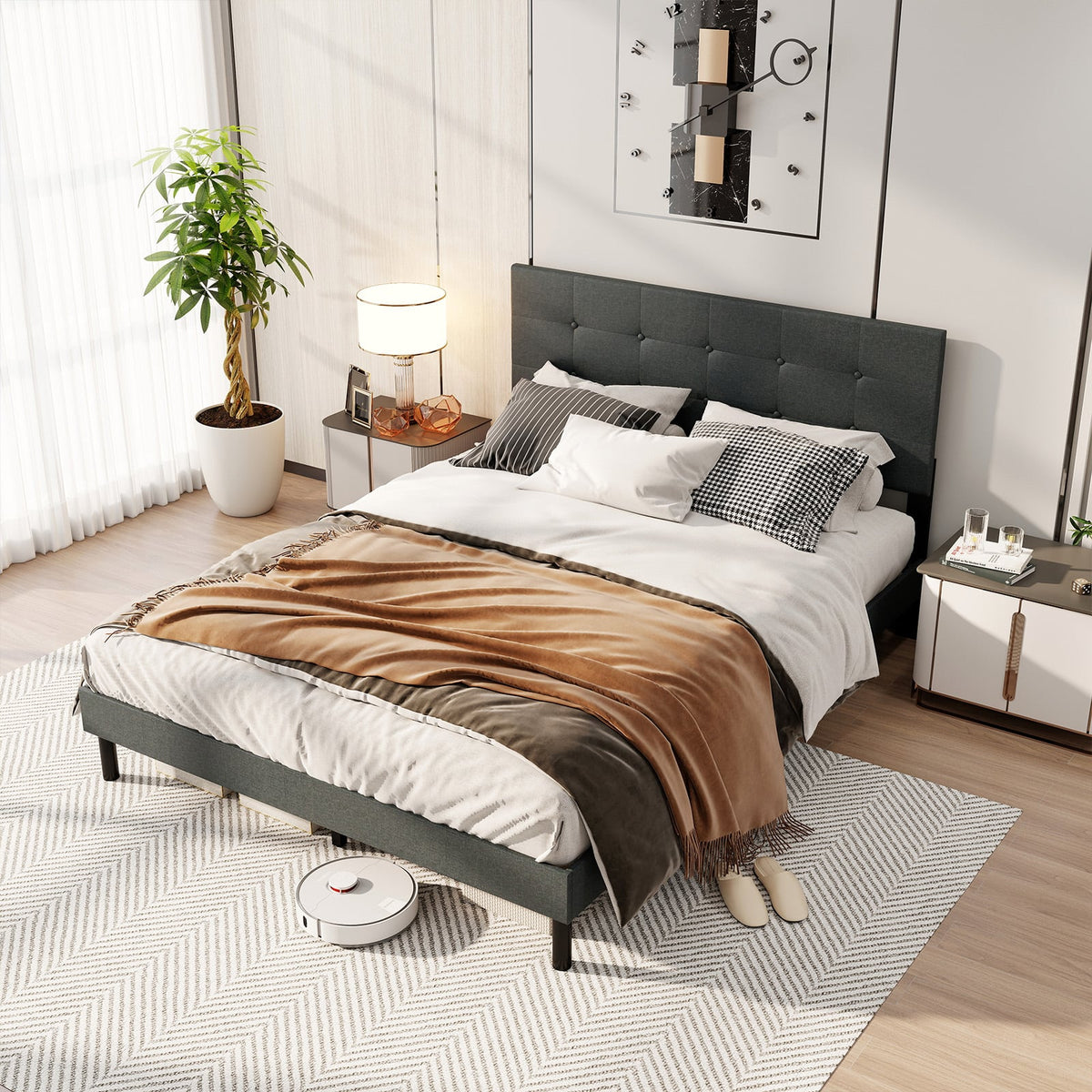 Queen Size Upholstered Bed Frame Linen Platform Bed-Dark Gray-Simple Bed Frame-DECOROLALA