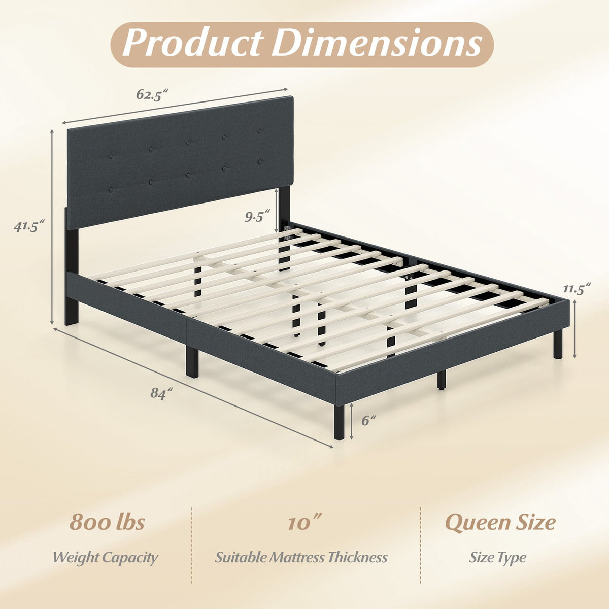 Queen Size Upholstered Bed Frame Linen Platform Bed-Dark Gray-Simple Bed Frame-DECOROLALA