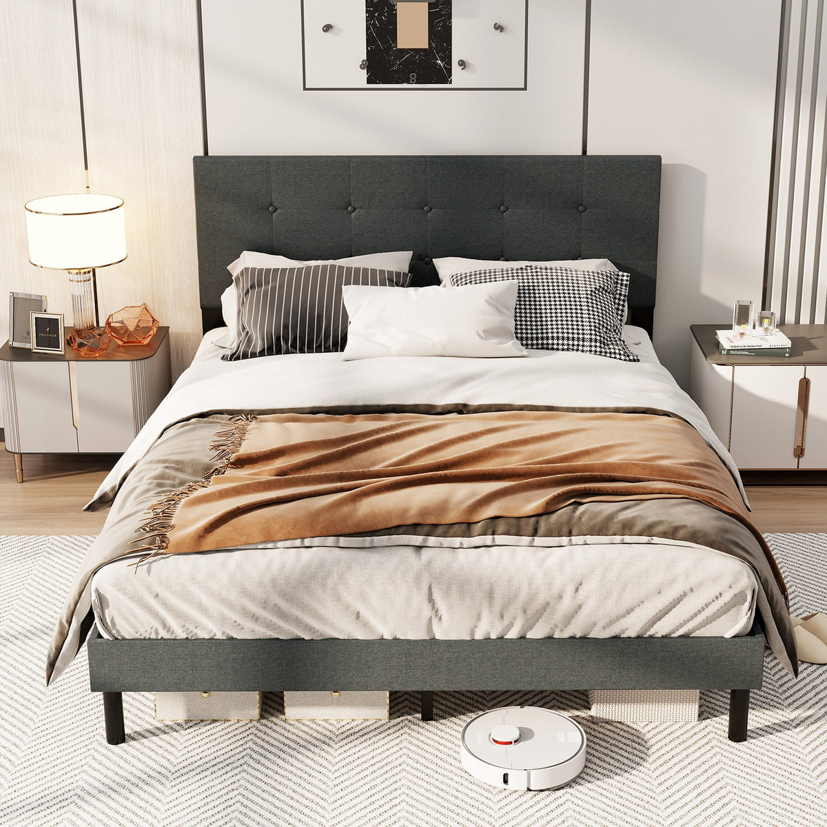 Queen Size Upholstered Bed Frame Linen Platform Bed-Dark Gray-Simple Bed Frame-DECOROLALA