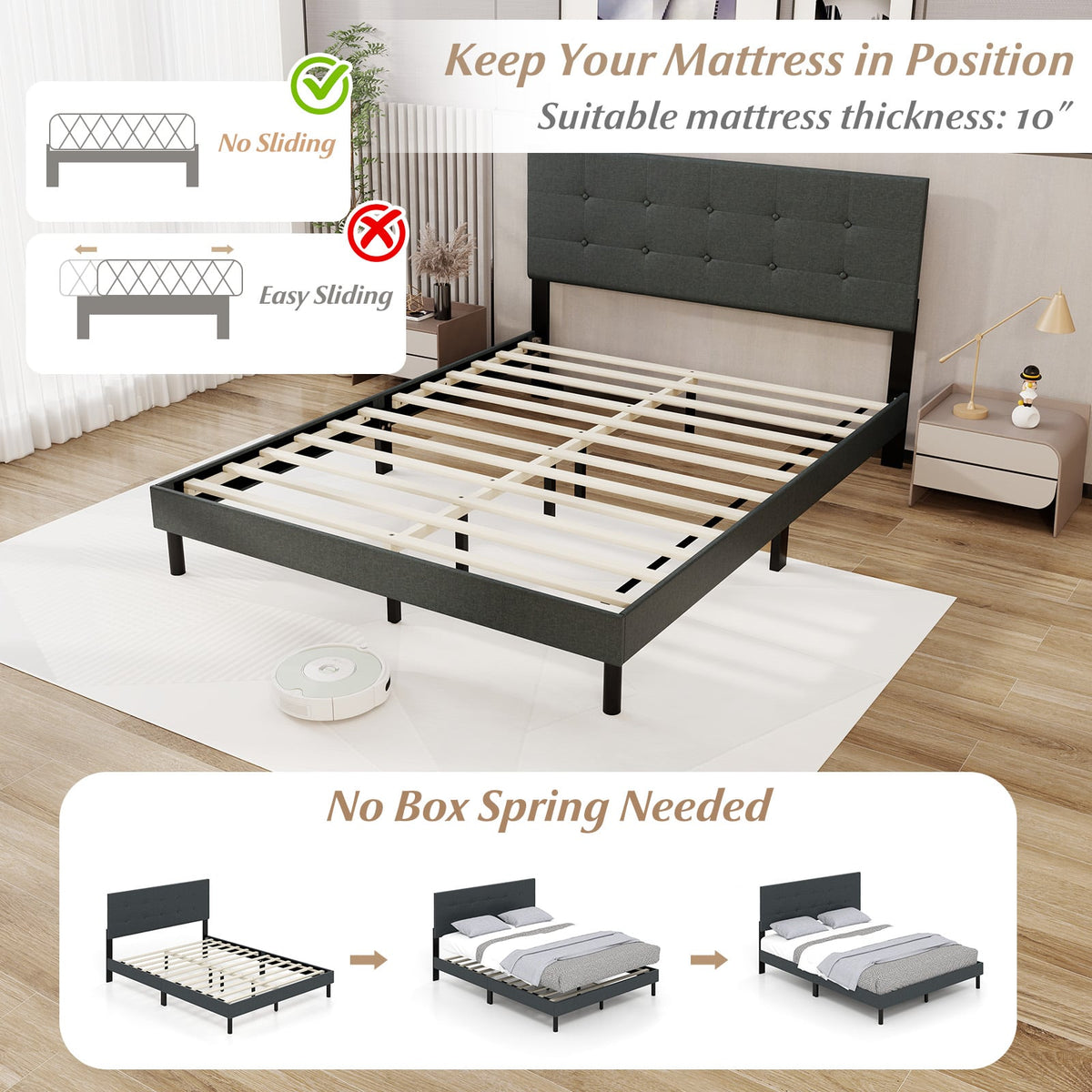 Queen Size Upholstered Bed Frame Linen Platform Bed-Dark Gray-Simple Bed Frame-DECOROLALA