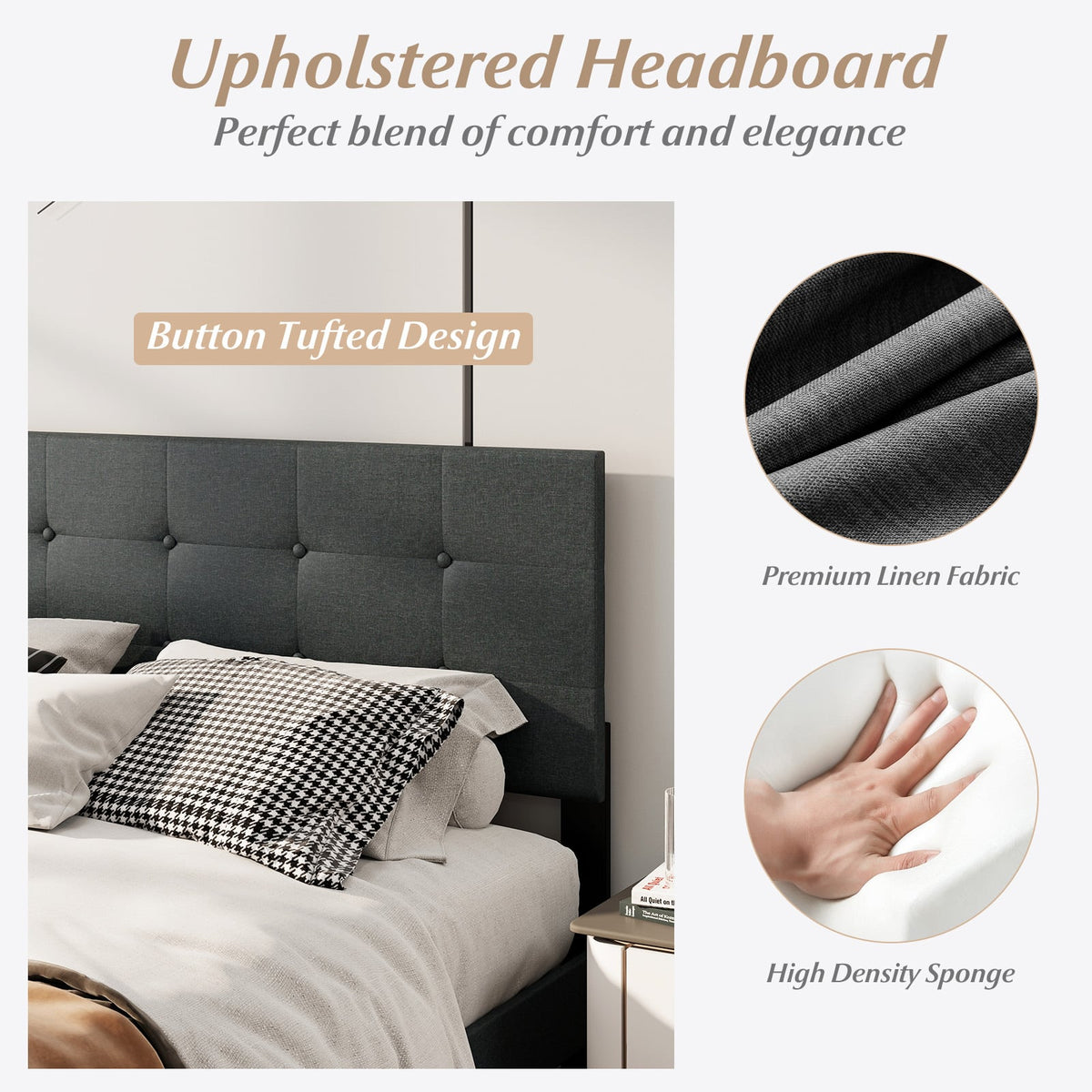 Queen Size Upholstered Bed Frame Linen Platform Bed-Dark Gray-Simple Bed Frame-DECOROLALA