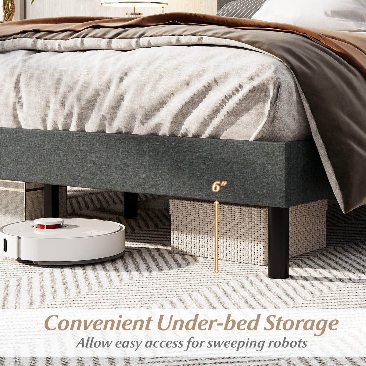 Queen Size Upholstered Bed Frame Linen Platform Bed-Dark Gray-Simple Bed Frame-DECOROLALA