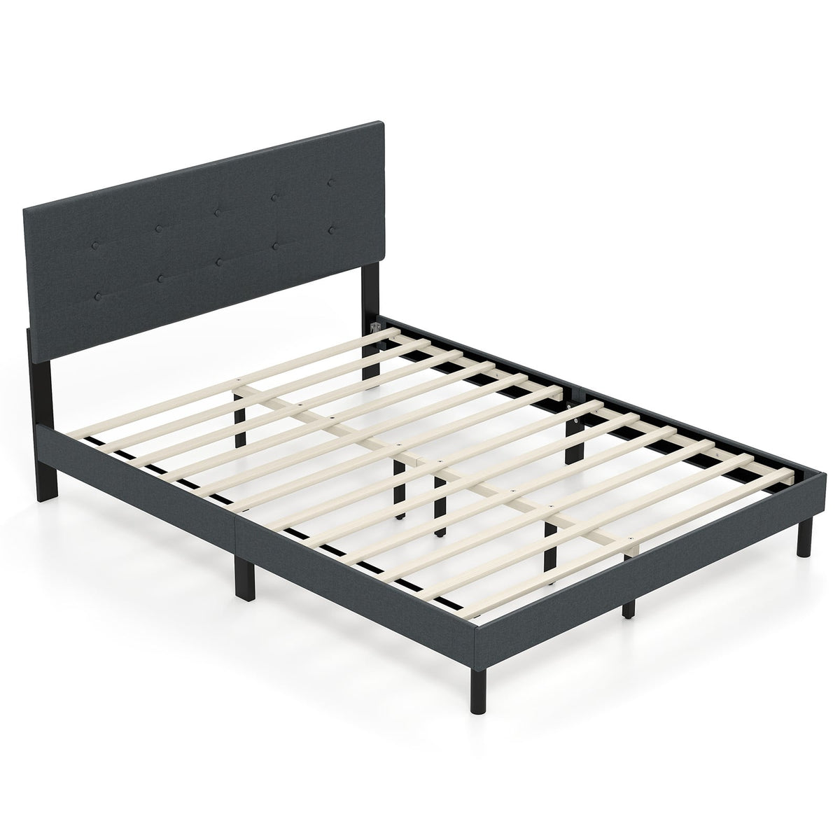 Queen Size Upholstered Bed Frame Linen Platform Bed-Dark Gray-Simple Bed Frame-DECOROLALA