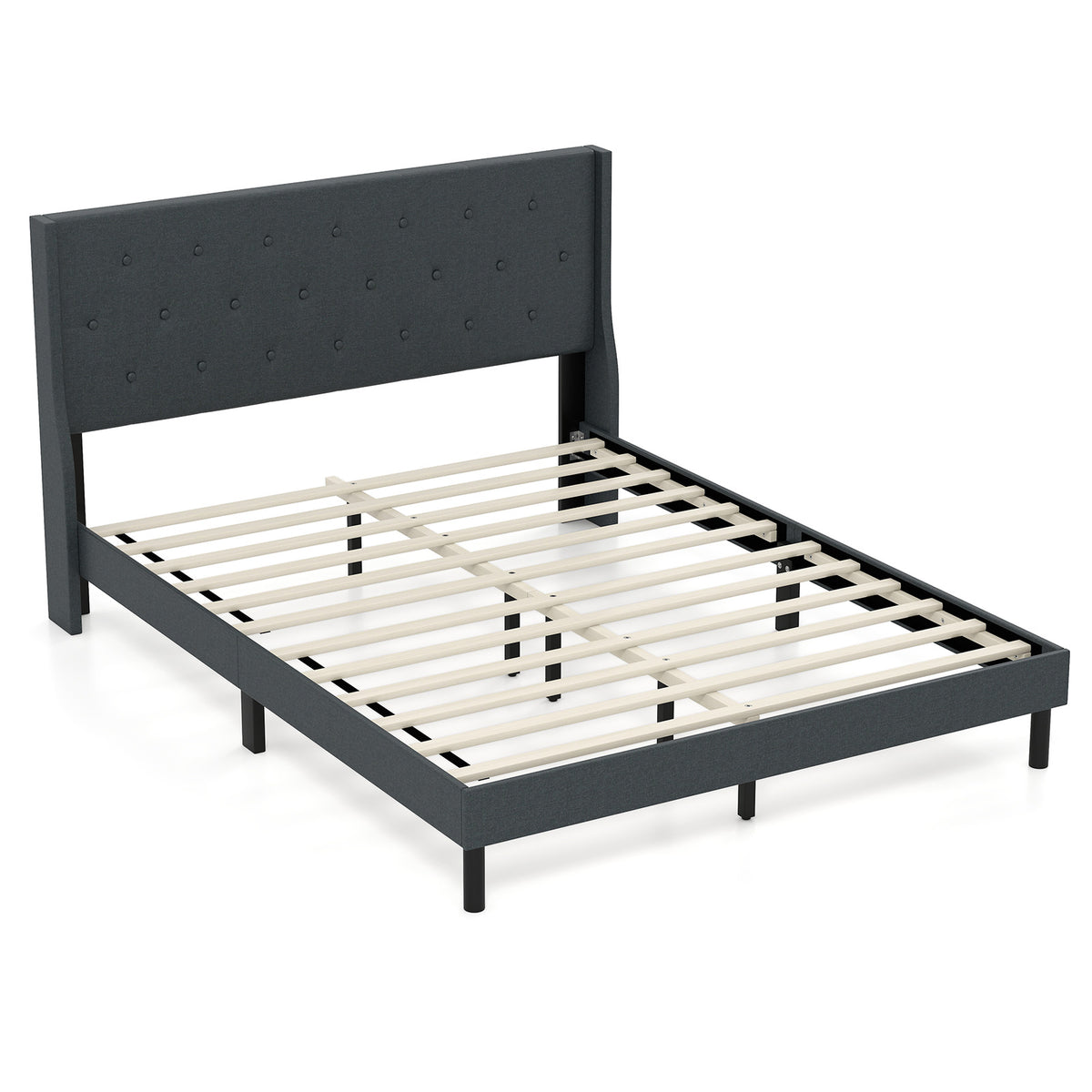 Queen Size Upholstered Bed Frame with Button Tufted Wingback Headboard and Wooden Slats Support Mattress Foundation-Gray-Trundle Bed Frame-DECOROLALA