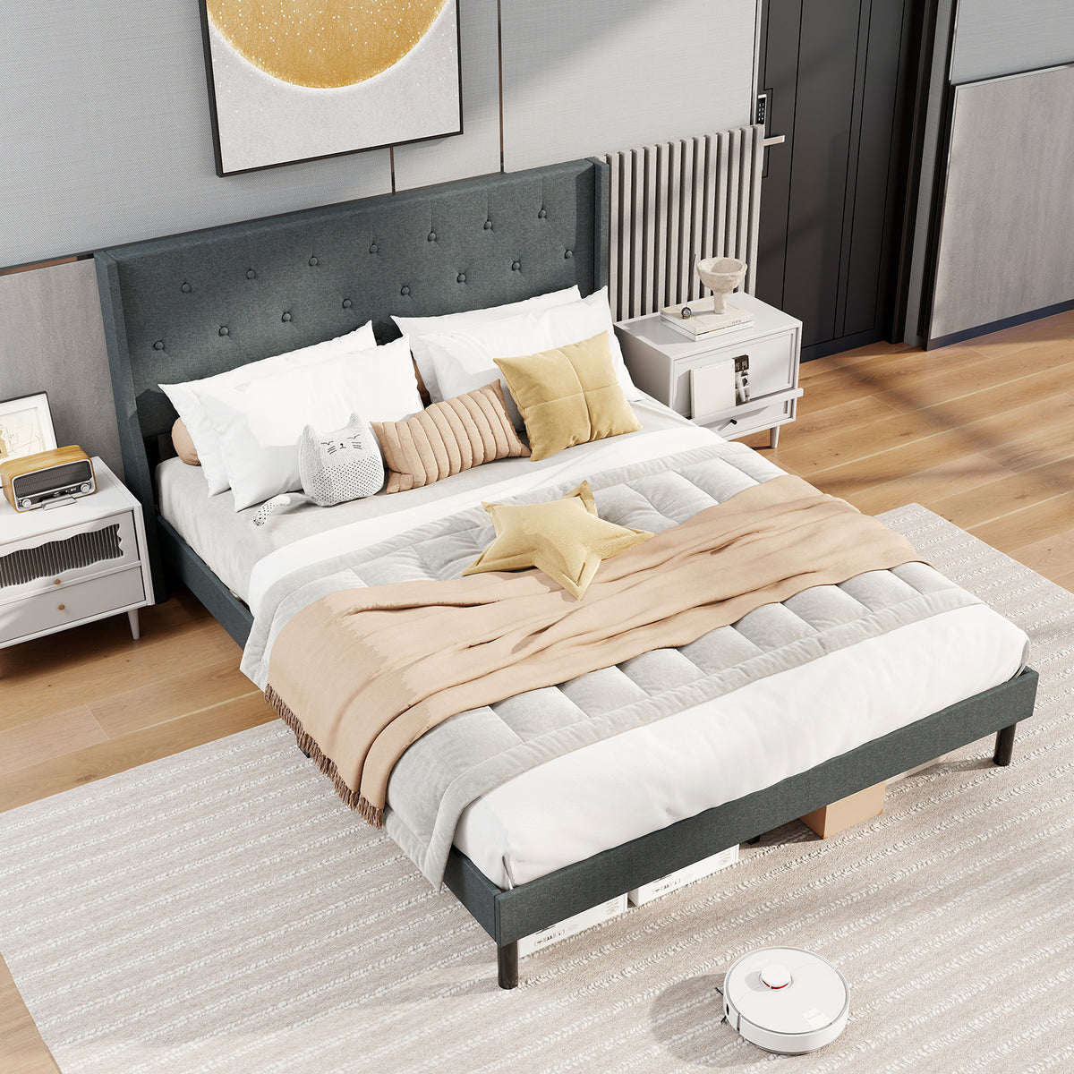 Queen Size Upholstered Bed Frame with Button Tufted Wingback Headboard and Wooden Slats Support Mattress Foundation-Gray-Trundle Bed Frame-DECOROLALA