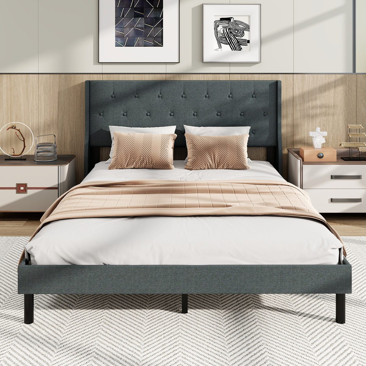 Queen Size Upholstered Bed Frame with Button Tufted Wingback Headboard and Wooden Slats Support Mattress Foundation-Gray-Trundle Bed Frame-DECOROLALA