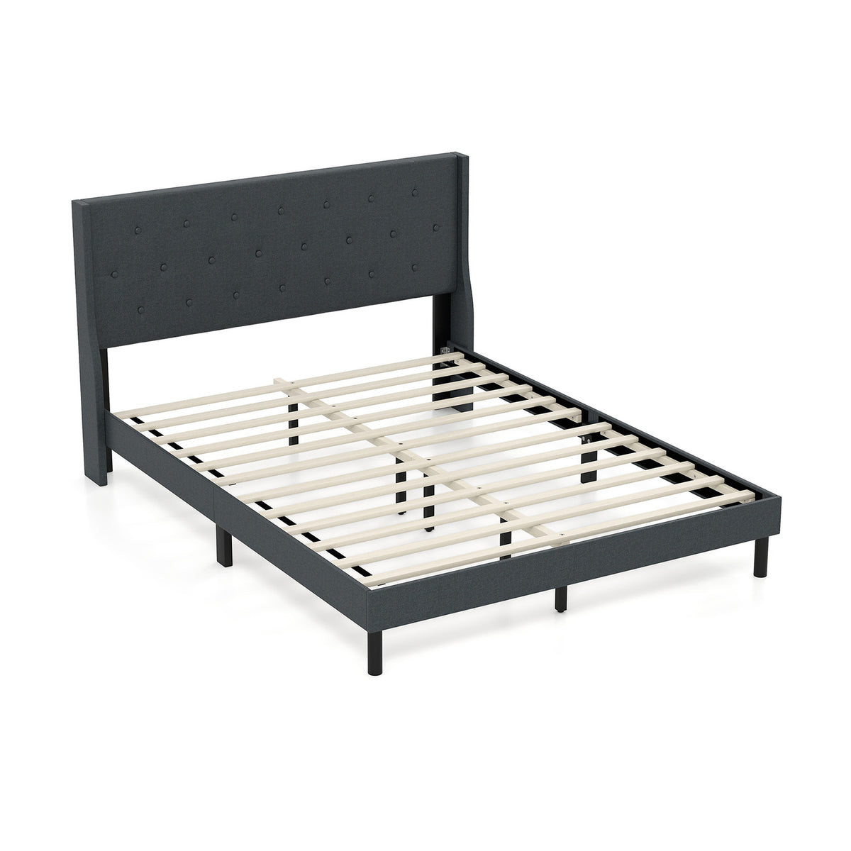 Queen Size Upholstered Bed Frame with Button Tufted Wingback Headboard and Wooden Slats Support Mattress Foundation-Gray-Trundle Bed Frame-DECOROLALA