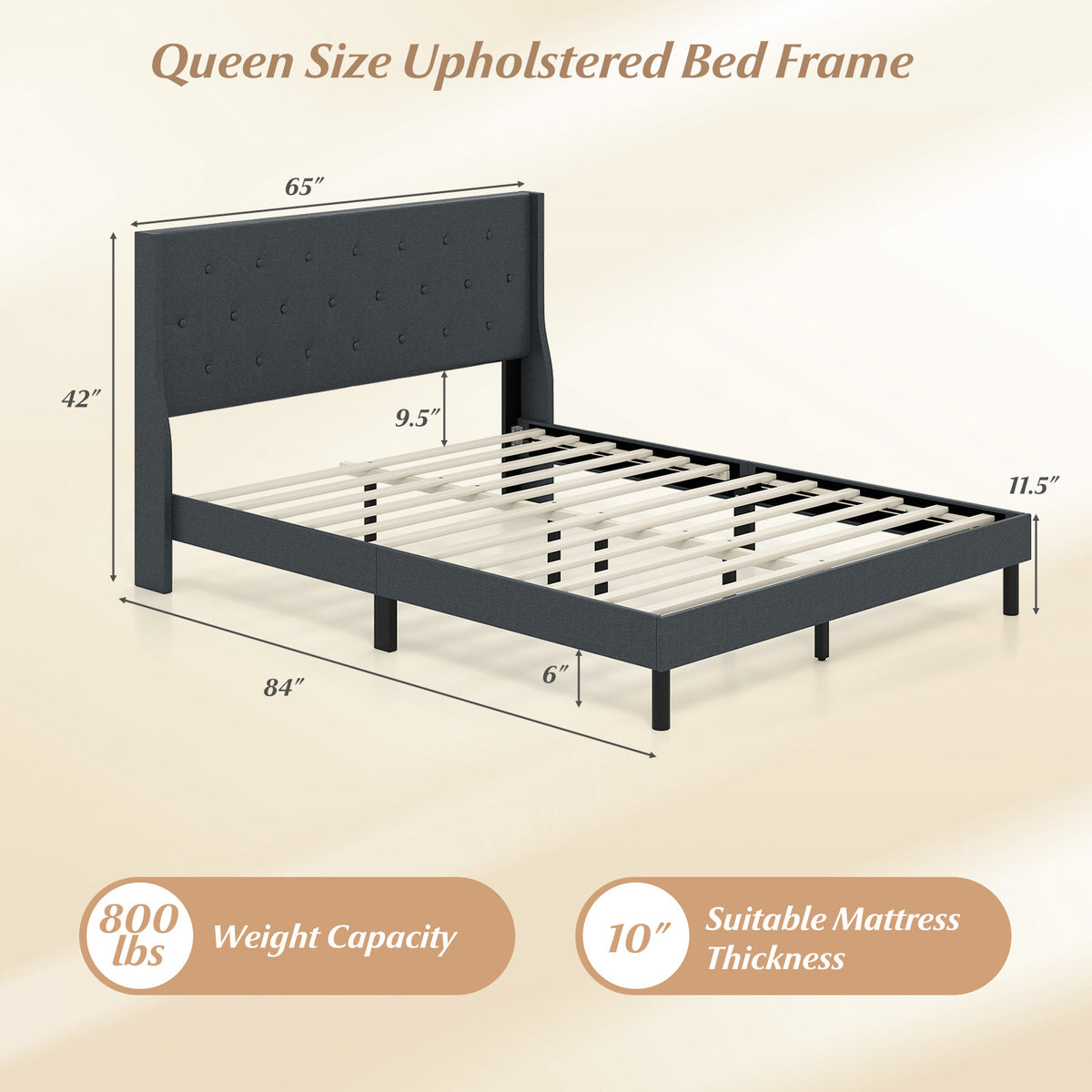 Queen Size Upholstered Bed Frame with Button Tufted Wingback Headboard and Wooden Slats Support Mattress Foundation-Gray-Trundle Bed Frame-DECOROLALA