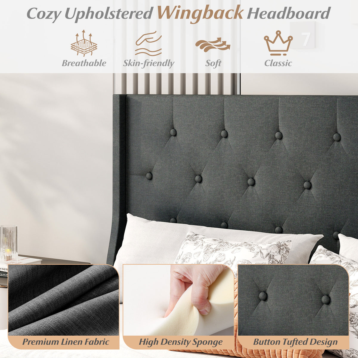 Queen Size Upholstered Bed Frame with Button Tufted Wingback Headboard and Wooden Slats Support Mattress Foundation-Gray-Trundle Bed Frame-DECOROLALA