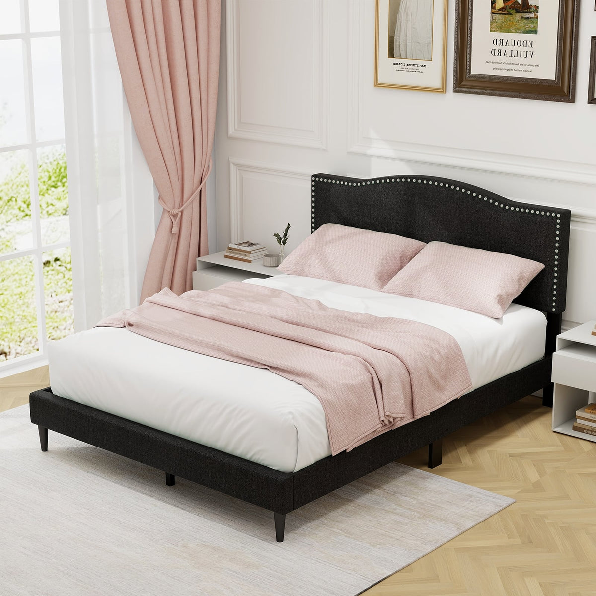 Queen Size Upholstered Bed Frame with Nailhead Trim Headboard-Queen Size-Simple Bed Frame-DECOROLALA