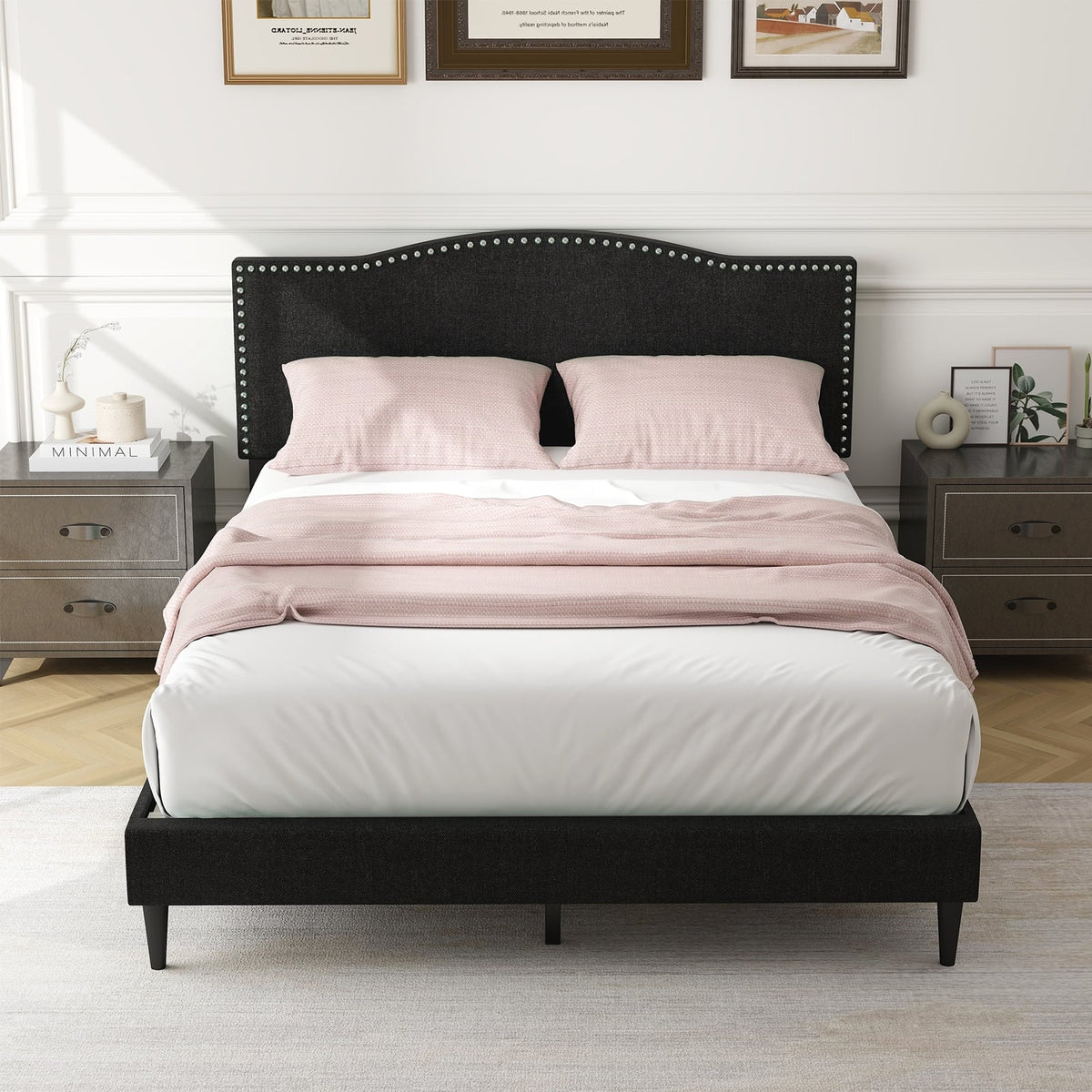 Queen Size Upholstered Bed Frame with Nailhead Trim Headboard-Queen Size-Simple Bed Frame-DECOROLALA