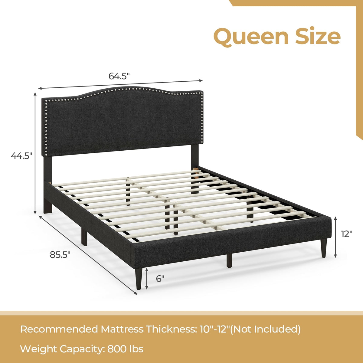Queen Size Upholstered Bed Frame with Nailhead Trim Headboard-Queen Size-Simple Bed Frame-DECOROLALA