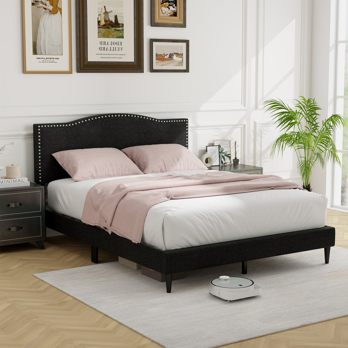 Queen Size Upholstered Bed Frame with Nailhead Trim Headboard-Queen Size-Simple Bed Frame-DECOROLALA