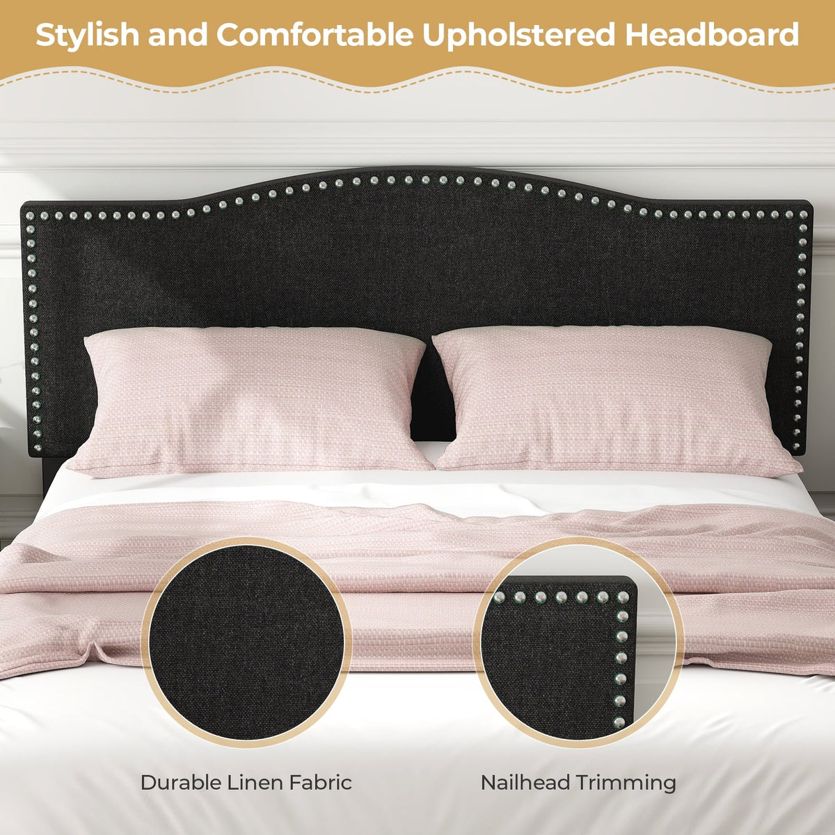 Queen Size Upholstered Bed Frame with Nailhead Trim Headboard-Queen Size-Simple Bed Frame-DECOROLALA