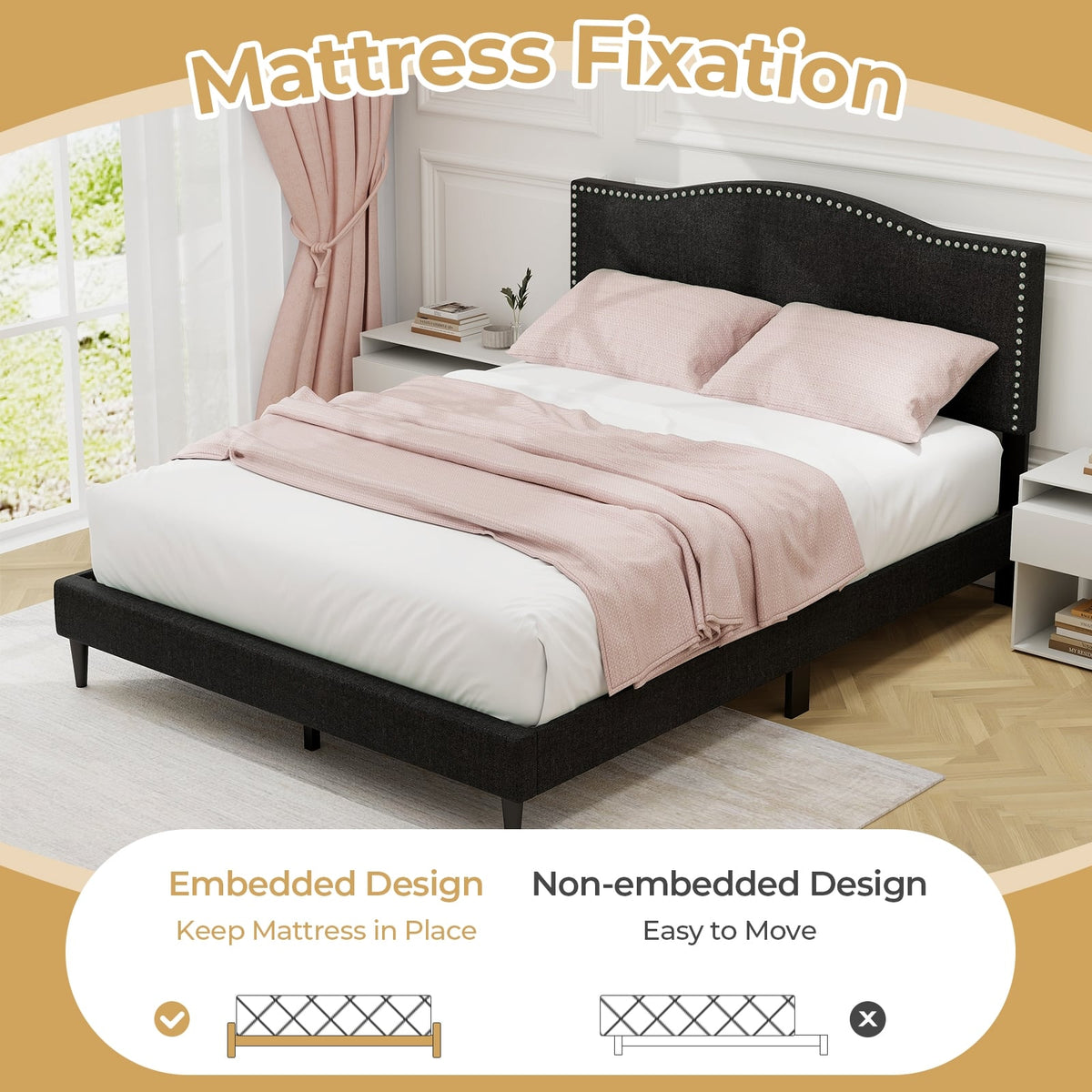 Queen Size Upholstered Bed Frame with Nailhead Trim Headboard-Queen Size-Simple Bed Frame-DECOROLALA