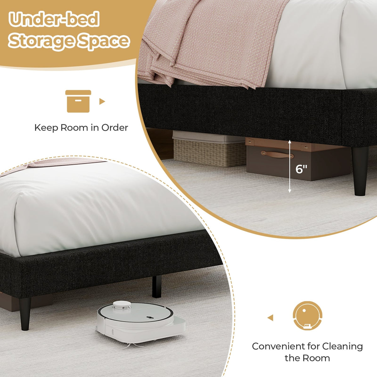 Queen Size Upholstered Bed Frame with Nailhead Trim Headboard-Queen Size-Simple Bed Frame-DECOROLALA