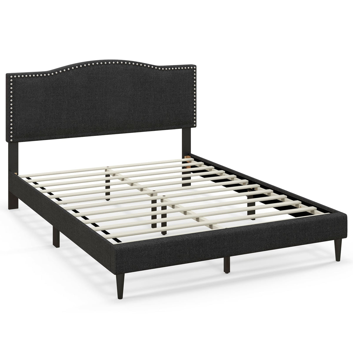 Queen Size Upholstered Bed Frame with Nailhead Trim Headboard-Queen Size-Simple Bed Frame-DECOROLALA