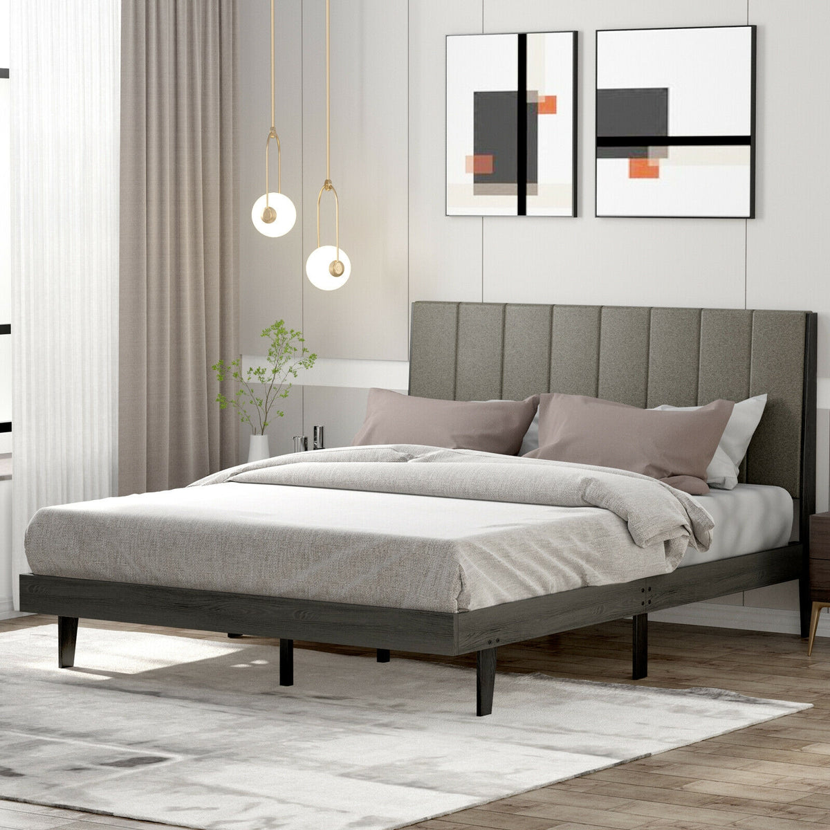 Queen Size Upholstered Bed Frame with Tufted Headboard-Simple Bed Frame-DECOROLALA