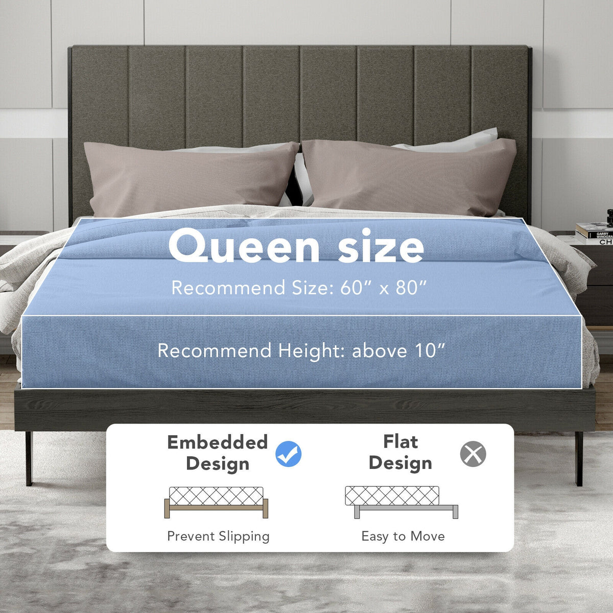 Queen Size Upholstered Bed Frame with Tufted Headboard-Simple Bed Frame-DECOROLALA
