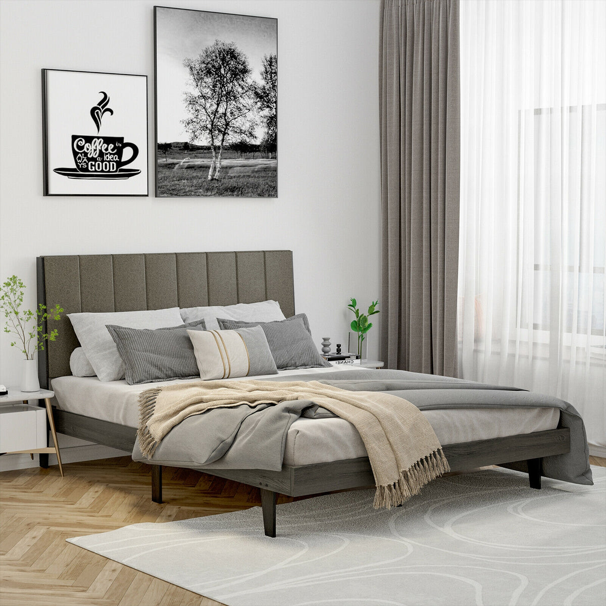 Queen Size Upholstered Bed Frame with Tufted Headboard-Simple Bed Frame-DECOROLALA