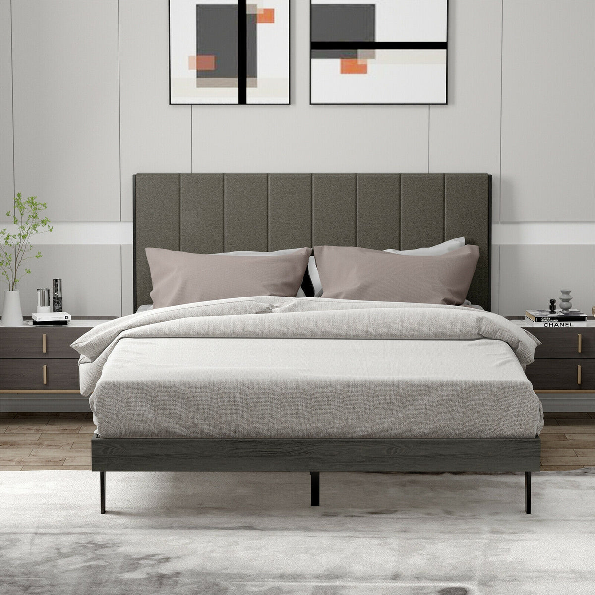 Queen Size Upholstered Bed Frame with Tufted Headboard-Simple Bed Frame-DECOROLALA