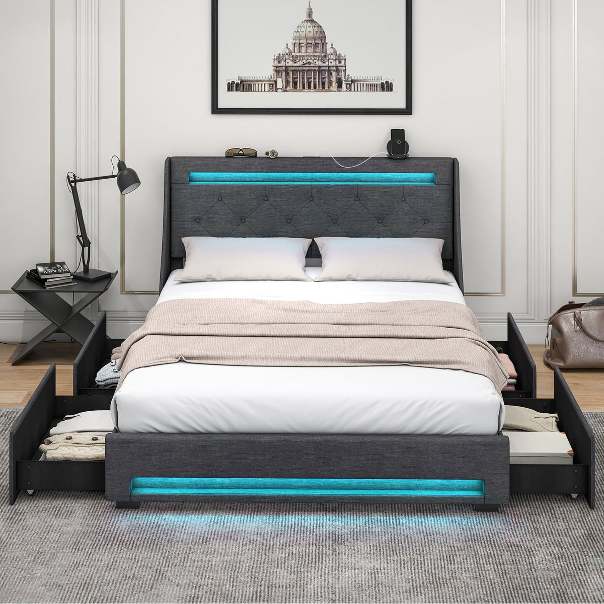 Queen Size Upholstered Platform Bed Frame with LED Lights and Charging Station-Grey-Simple Bed Frame-DECOROLALA