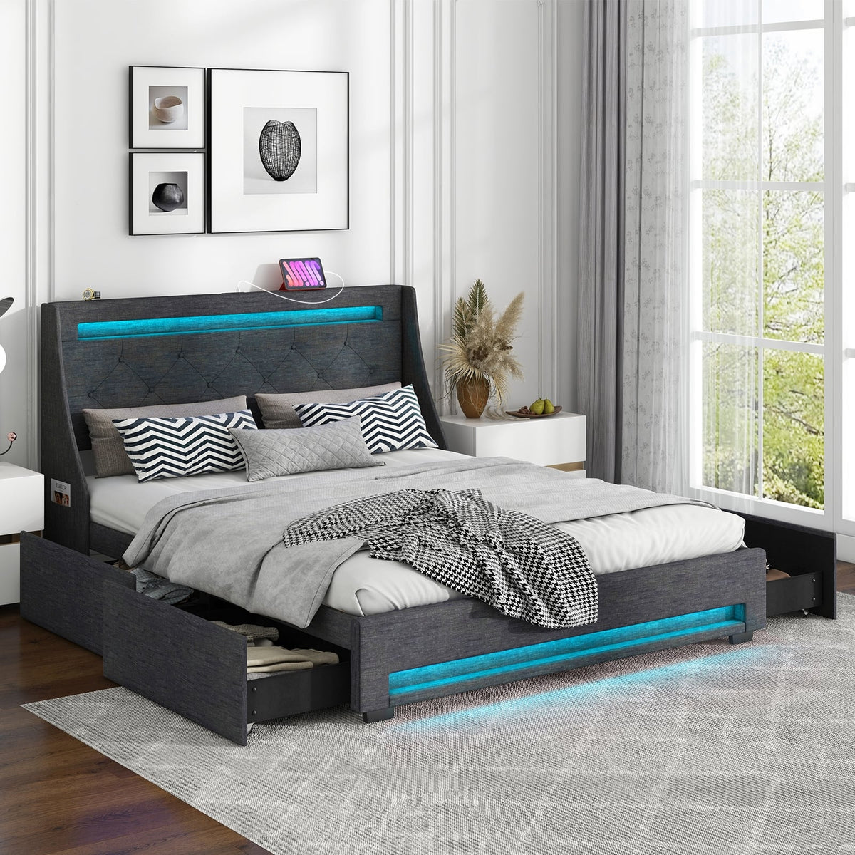 Queen Size Upholstered Platform Bed Frame with LED Lights and Charging Station-Grey-Simple Bed Frame-DECOROLALA
