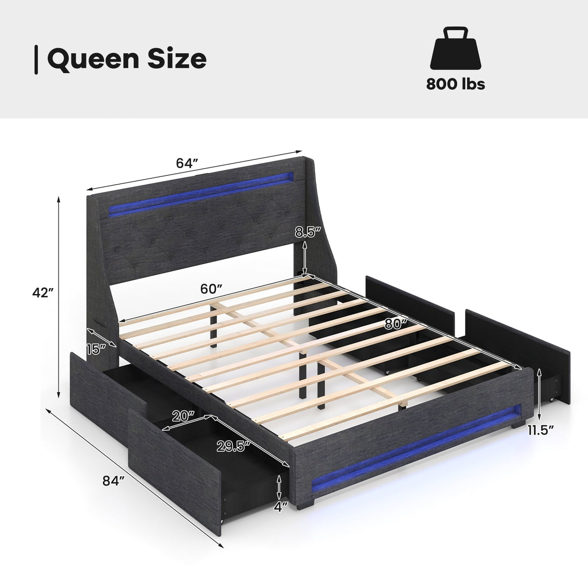 Queen Size Upholstered Platform Bed Frame with LED Lights and Charging Station-Grey-Simple Bed Frame-DECOROLALA