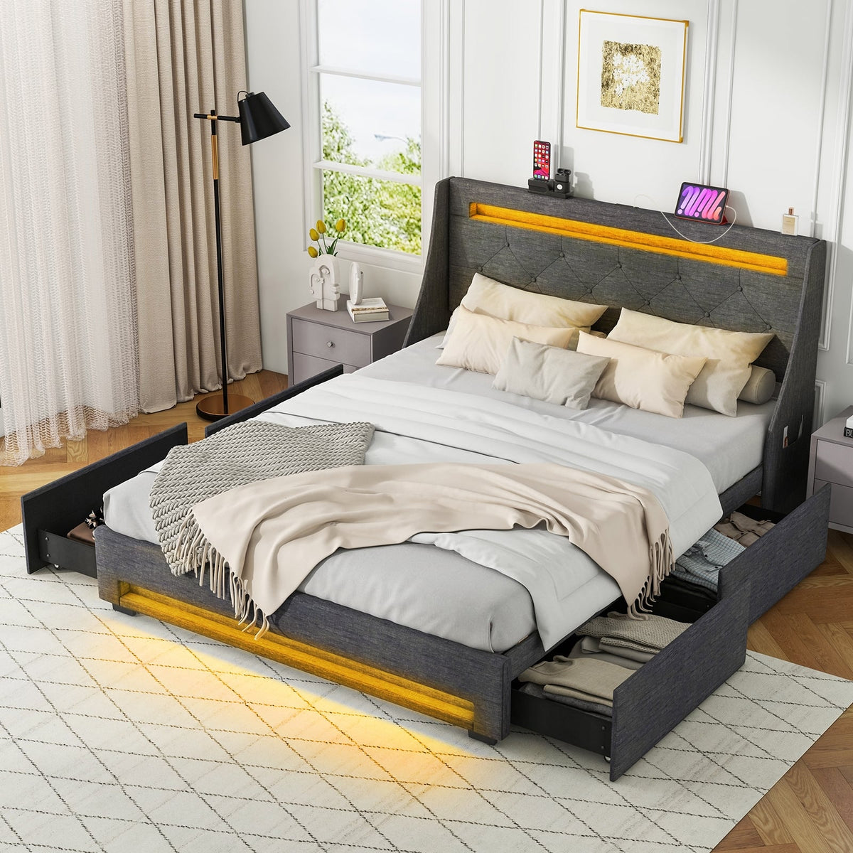 Queen Size Upholstered Platform Bed Frame with LED Lights and Charging Station-Grey-Simple Bed Frame-DECOROLALA