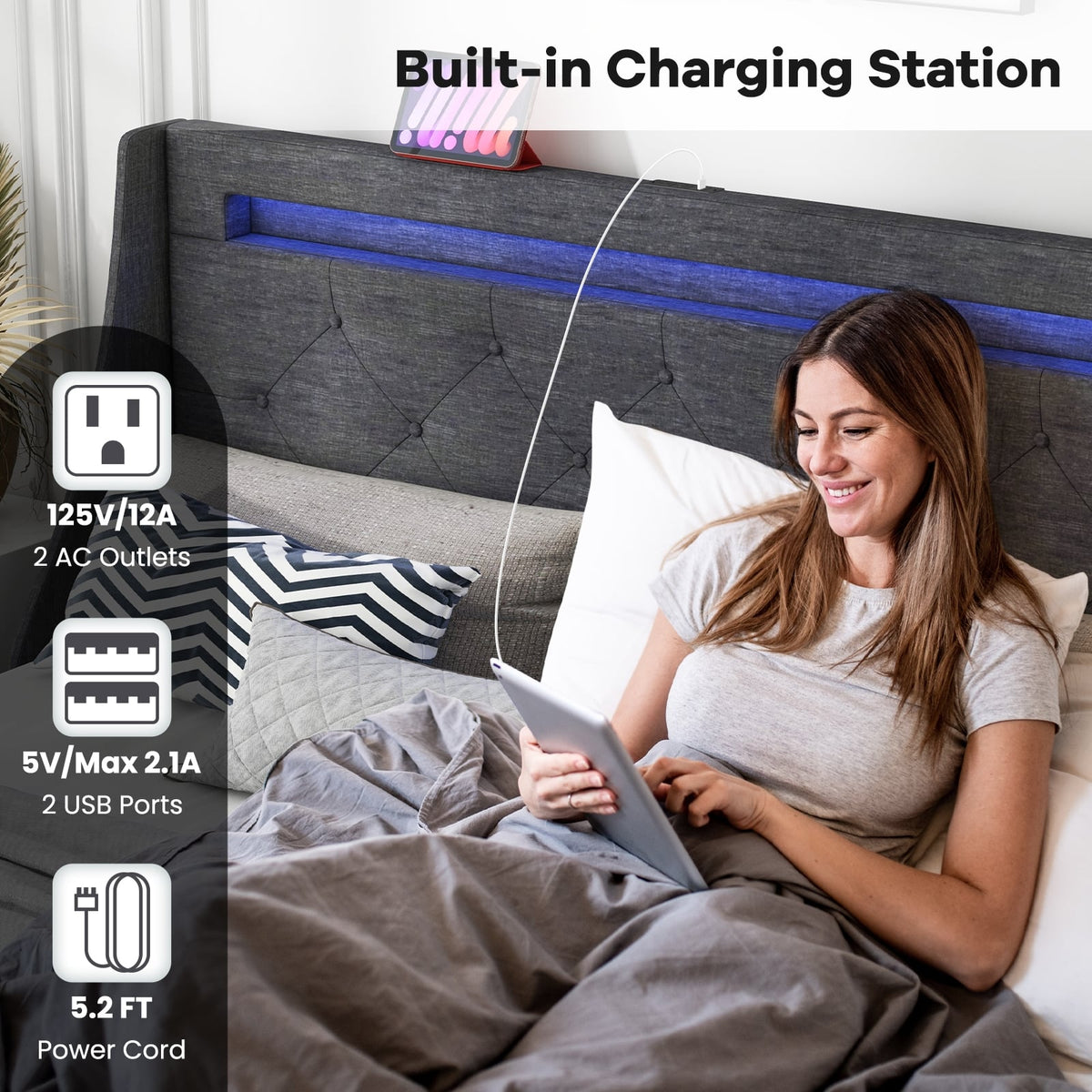 Queen Size Upholstered Platform Bed Frame with LED Lights and Charging Station-Grey-Simple Bed Frame-DECOROLALA