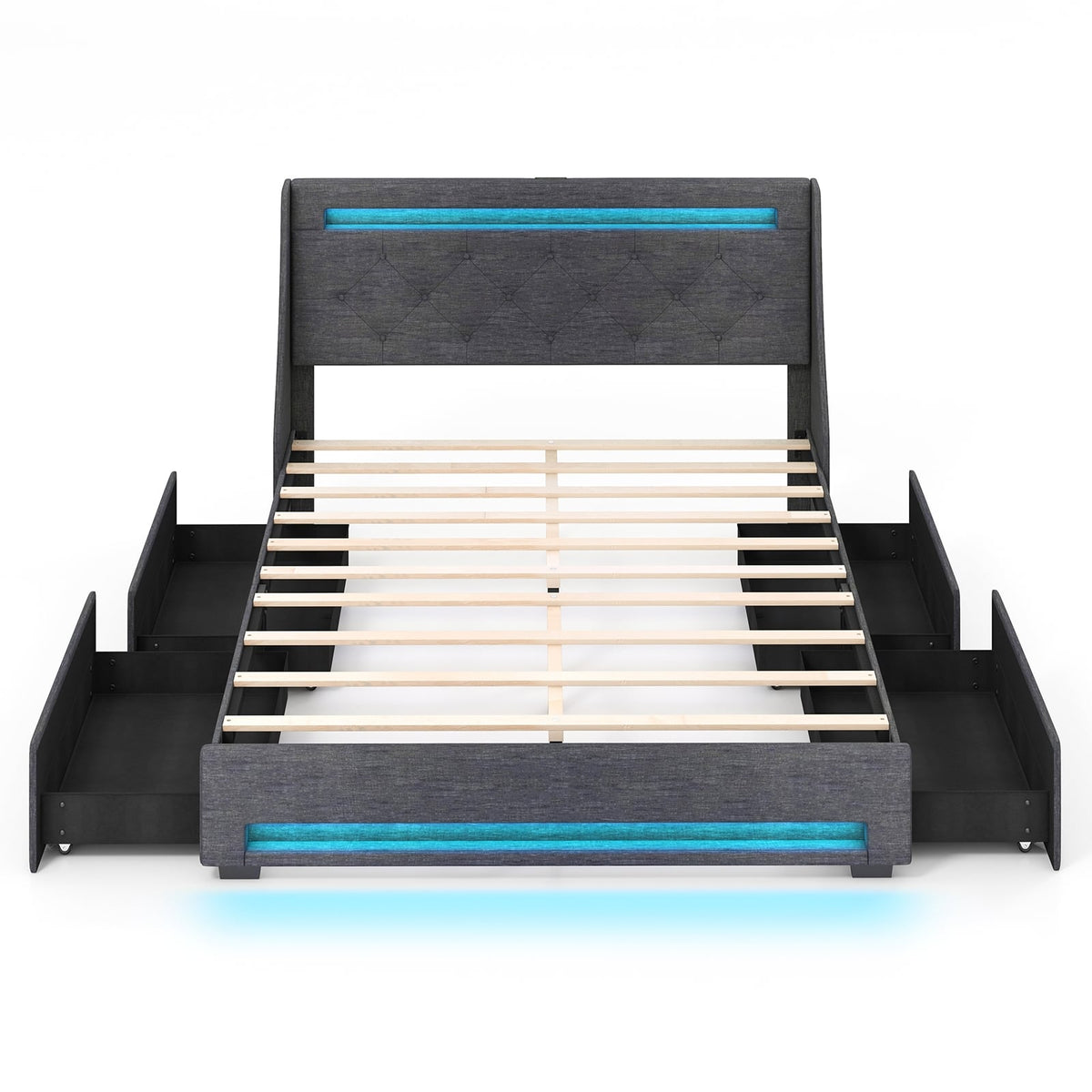 Queen Size Upholstered Platform Bed Frame with LED Lights and Charging Station-Grey-Simple Bed Frame-DECOROLALA